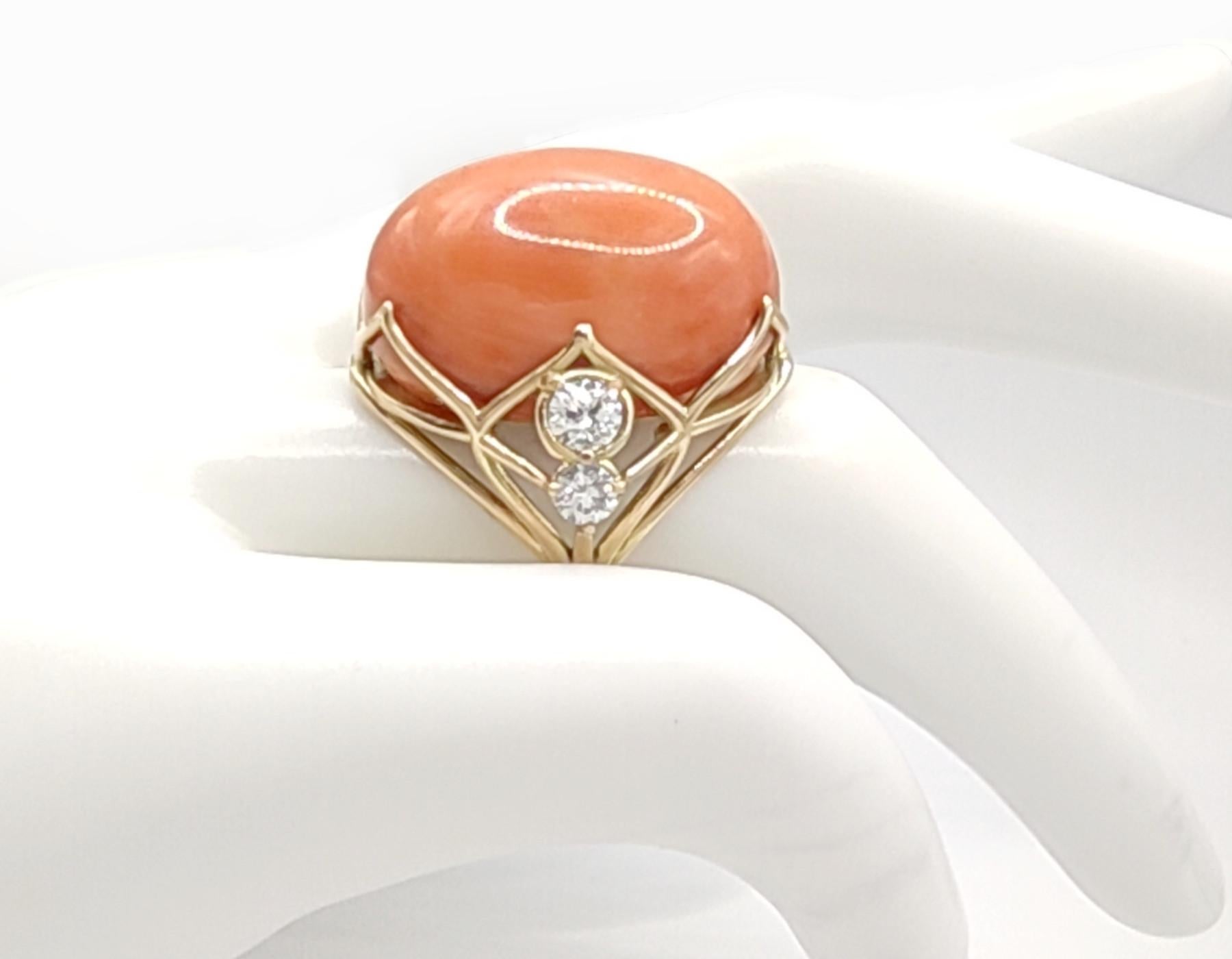 Coral, Diamonds, 14 Karat Yellow Gold Ring for woman Gift for her, Certified For Sale 5