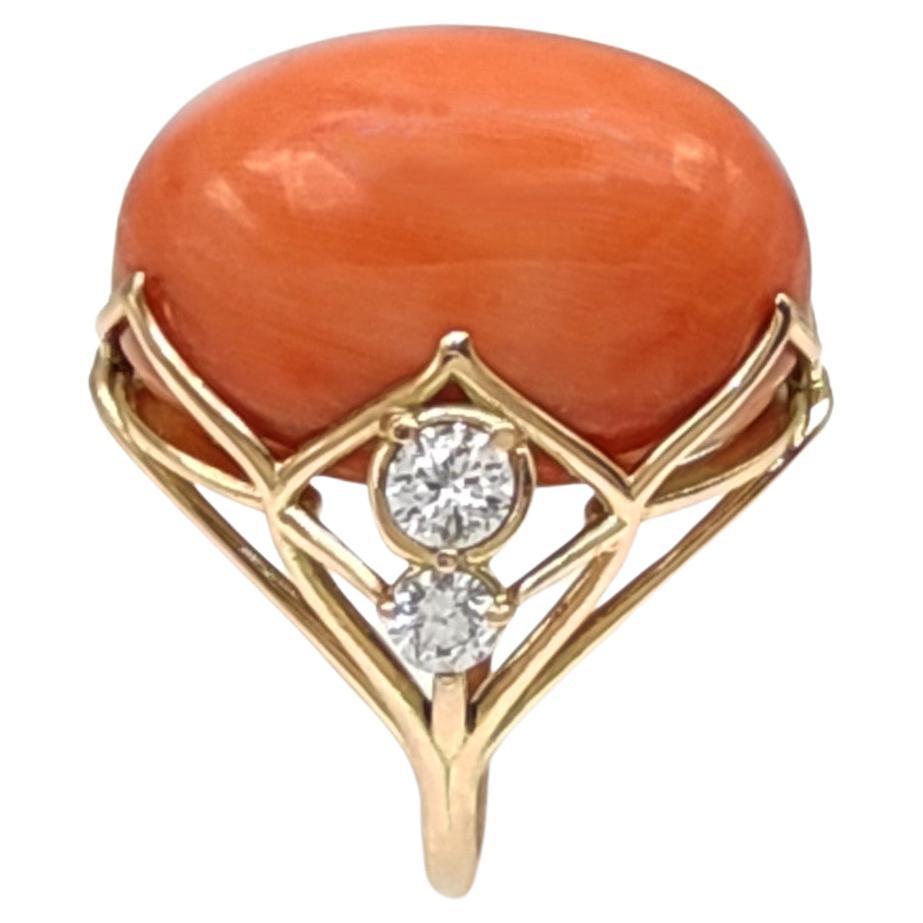 Coral, Diamonds, 14 Karat Yellow Gold Ring for woman Gift for her, Certified For Sale