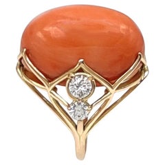 Coral, Diamonds, 14 Karat Yellow Gold Ring for woman Gift for her, Certified