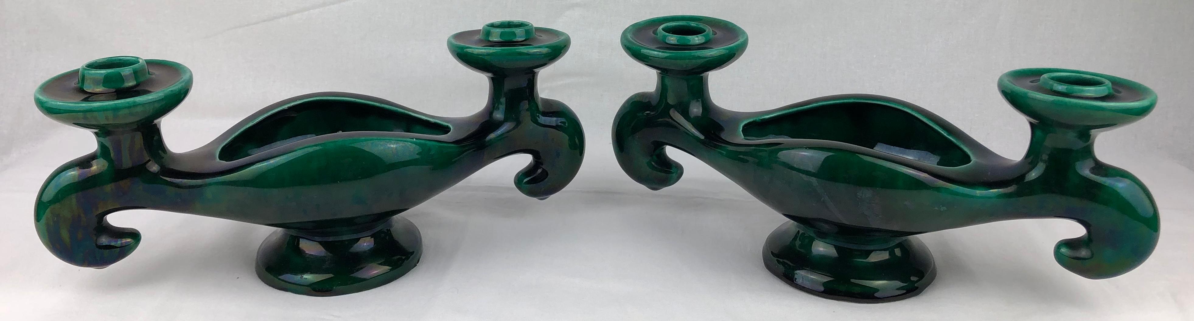 Glazed Vallauris Pair of French Midcentury Ceramic Candleholders For Sale