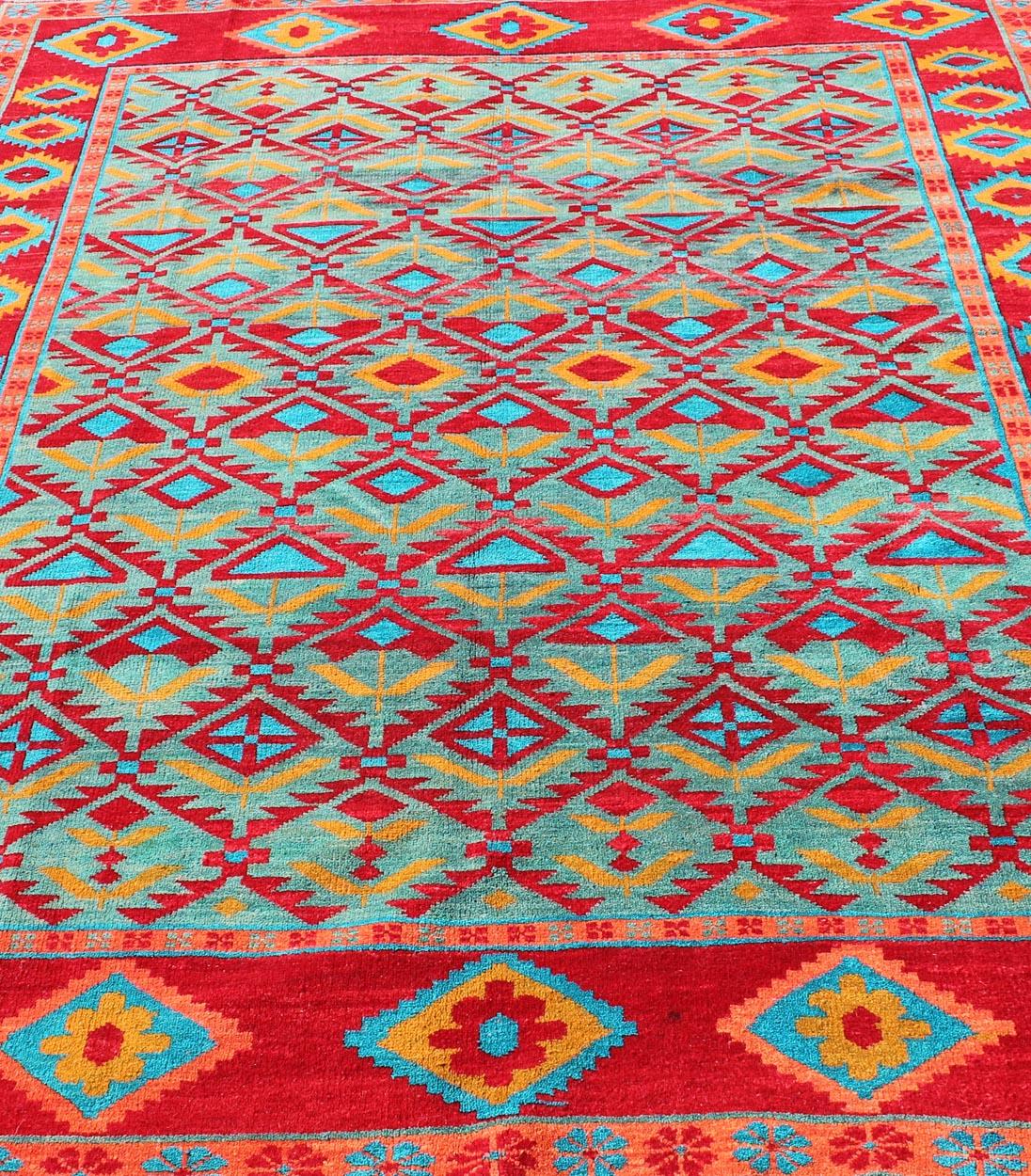 Einzigartiger und lebendiger türkischer Oushak-Teppich mit buntem und leuchtendem Diamantdesign im Angebot 3