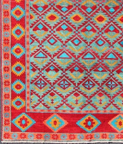 Unique and Vibrant Turkish Oushak Rug with Colorful and Bright Diamond Design