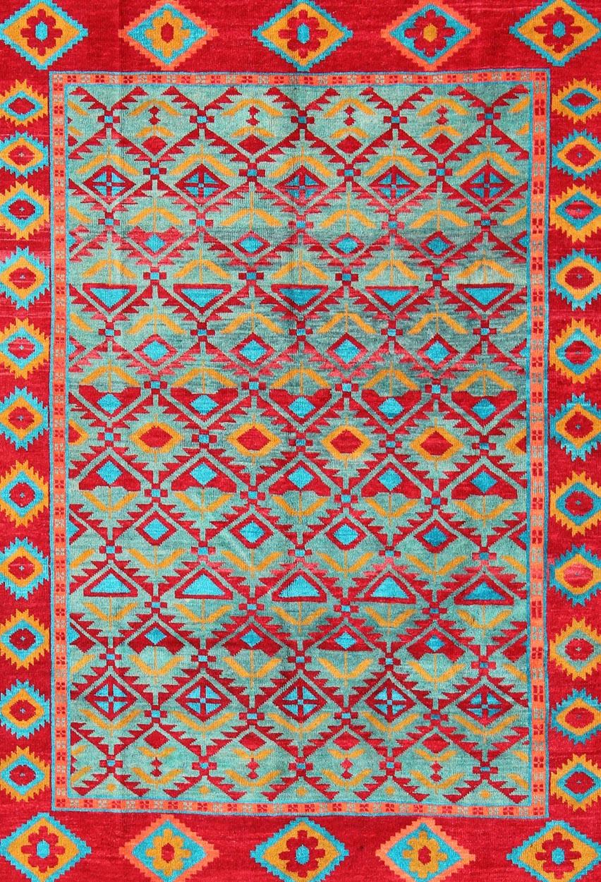 Einzigartiger und lebendiger türkischer Oushak-Teppich mit buntem und leuchtendem Diamantdesign (Türkisch) im Angebot
