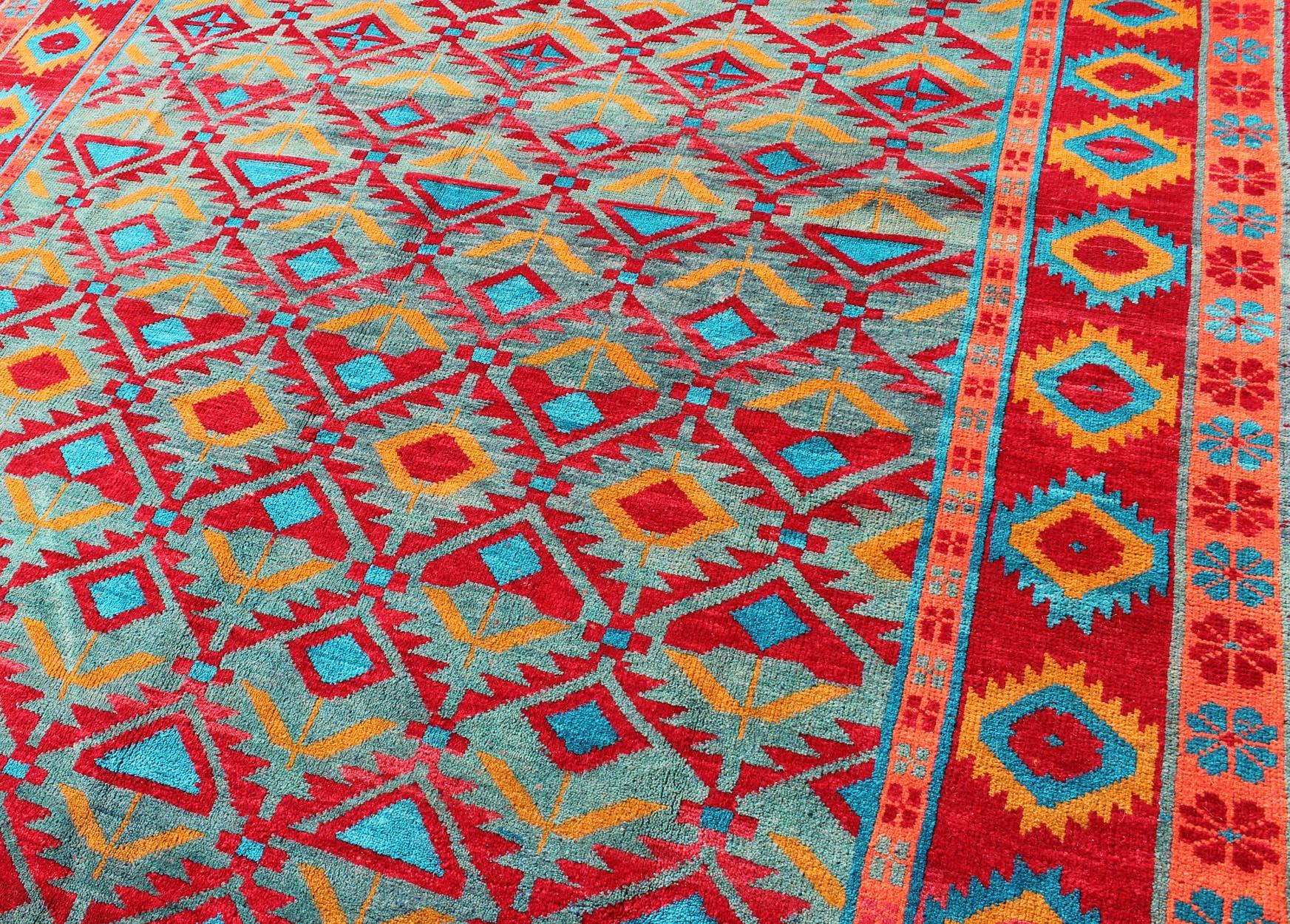 Einzigartiger und lebendiger türkischer Oushak-Teppich mit buntem und leuchtendem Diamantdesign im Angebot 2