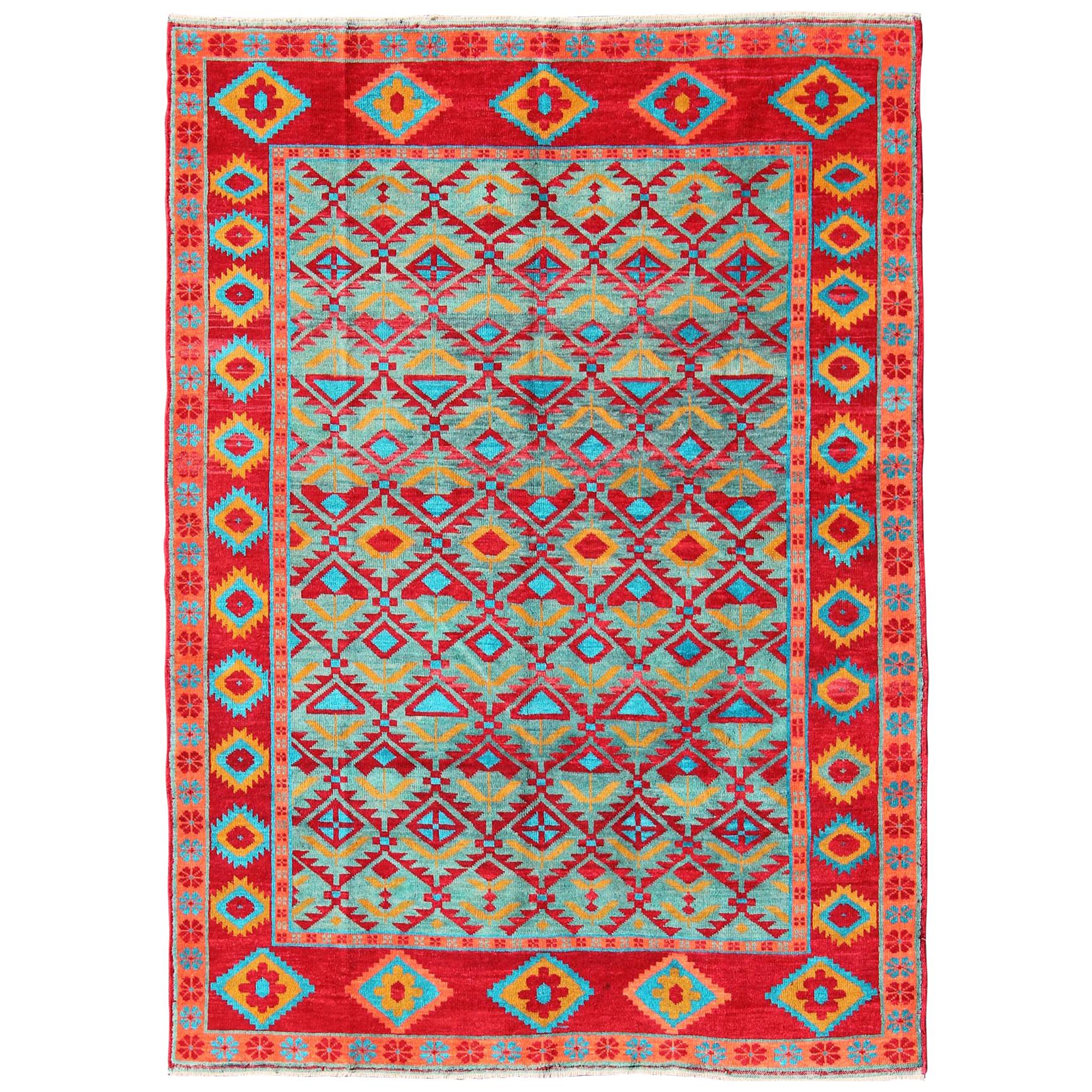 Unique and Vibrant Turkish Oushak Rug with Colorful and Bright Diamond Design