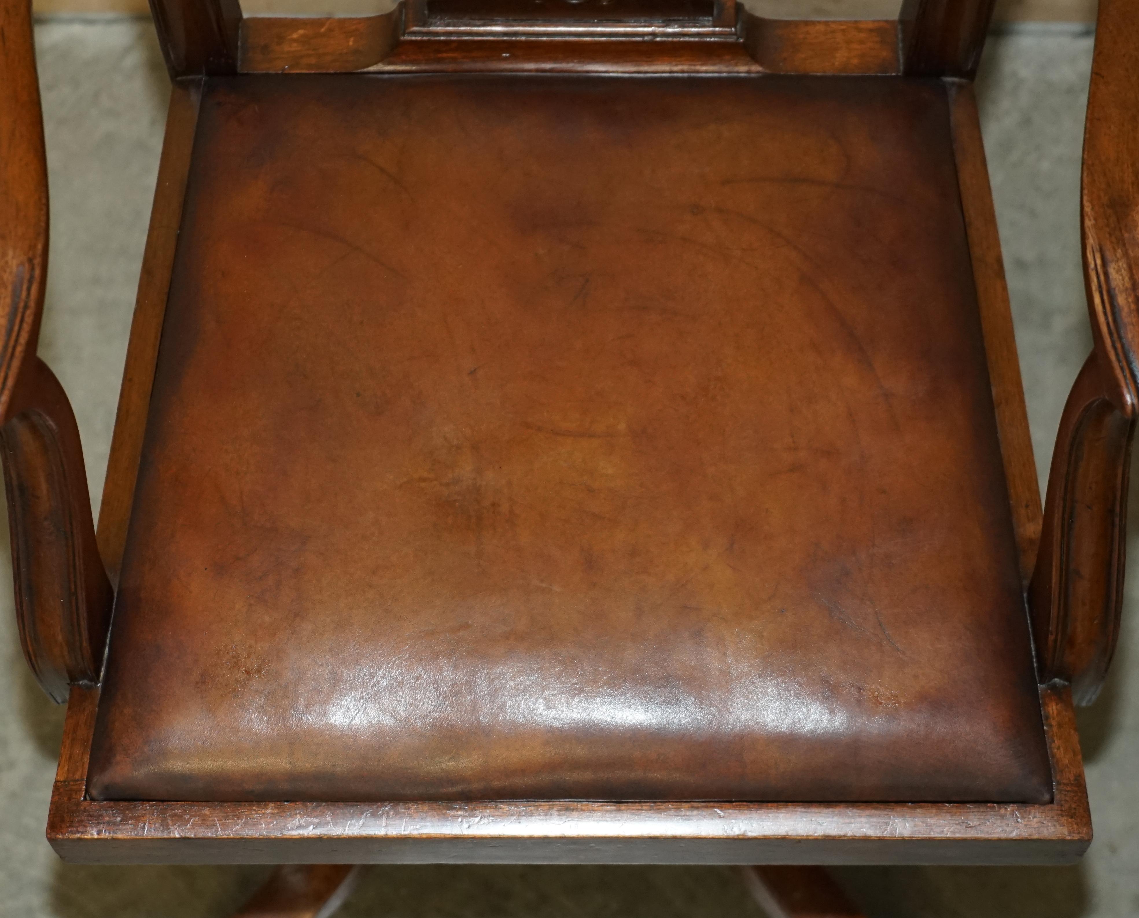 Unique Antique 1880 George Hepplewhite Wheatgrass Captains Chair Brown Leather For Sale 9