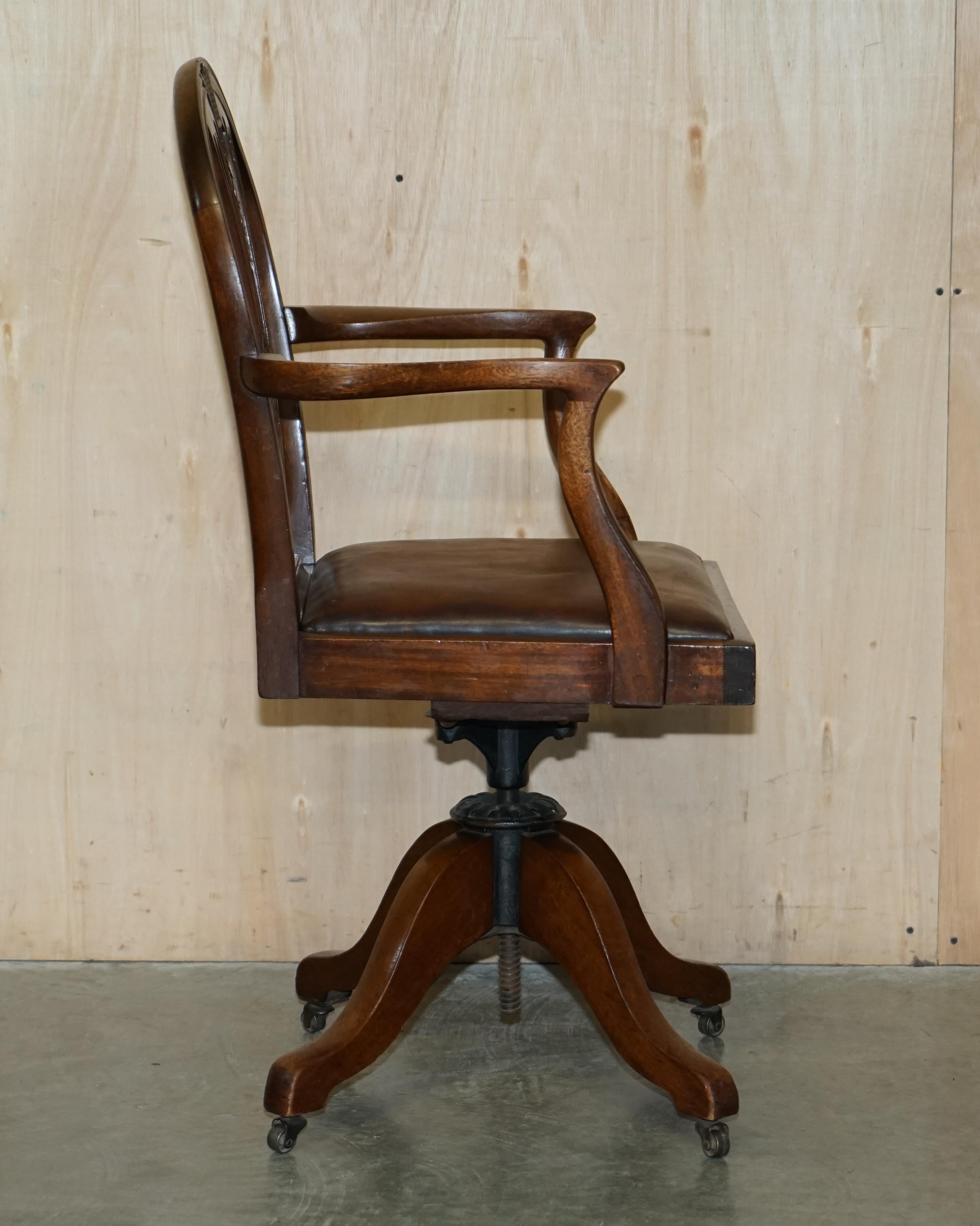Unique Antique 1880 George Hepplewhite Wheatgrass Captains Chair Brown Leather For Sale 10