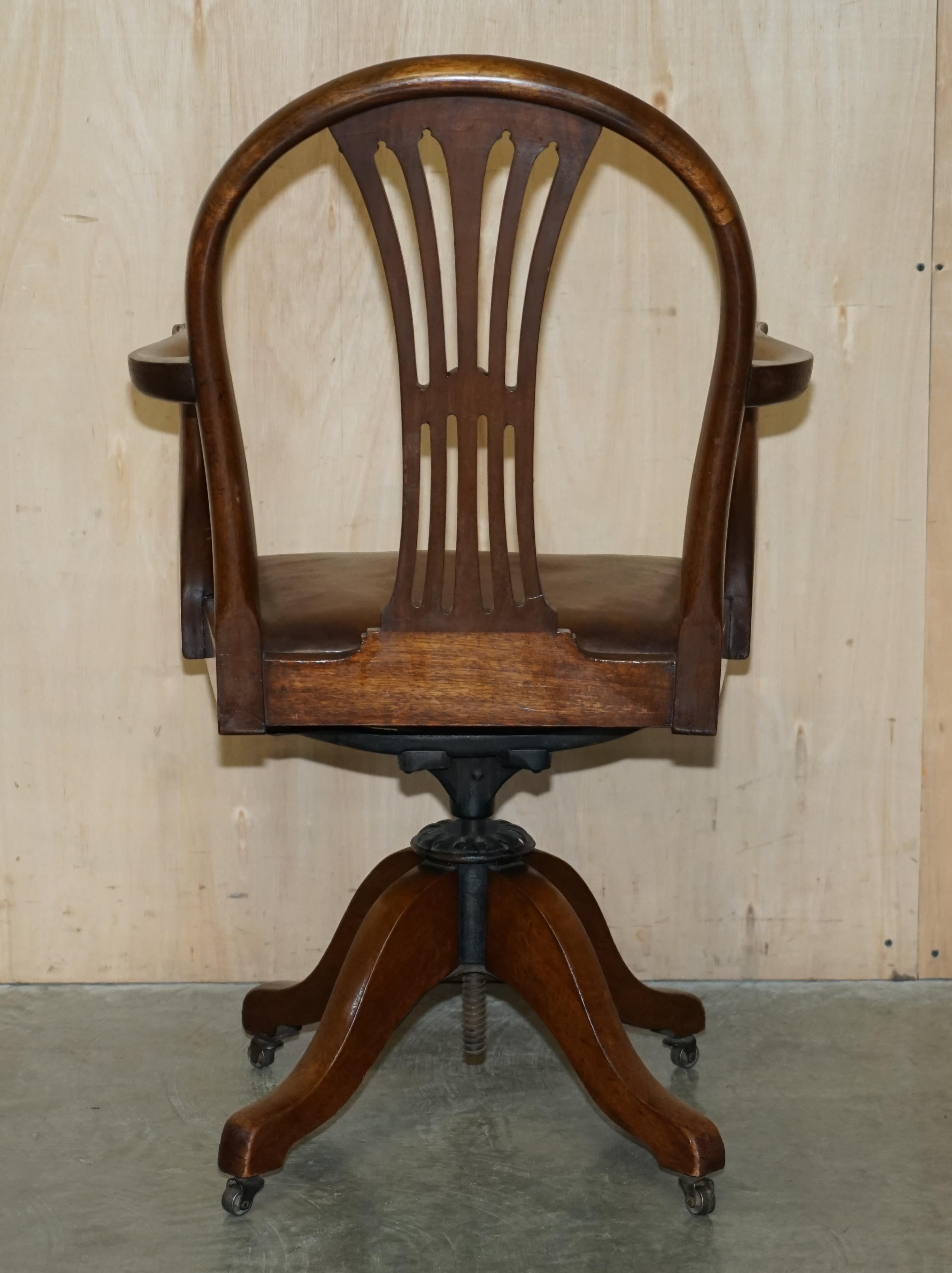 Unique Antique 1880 George Hepplewhite Wheatgrass Captains Chair Brown Leather For Sale 11