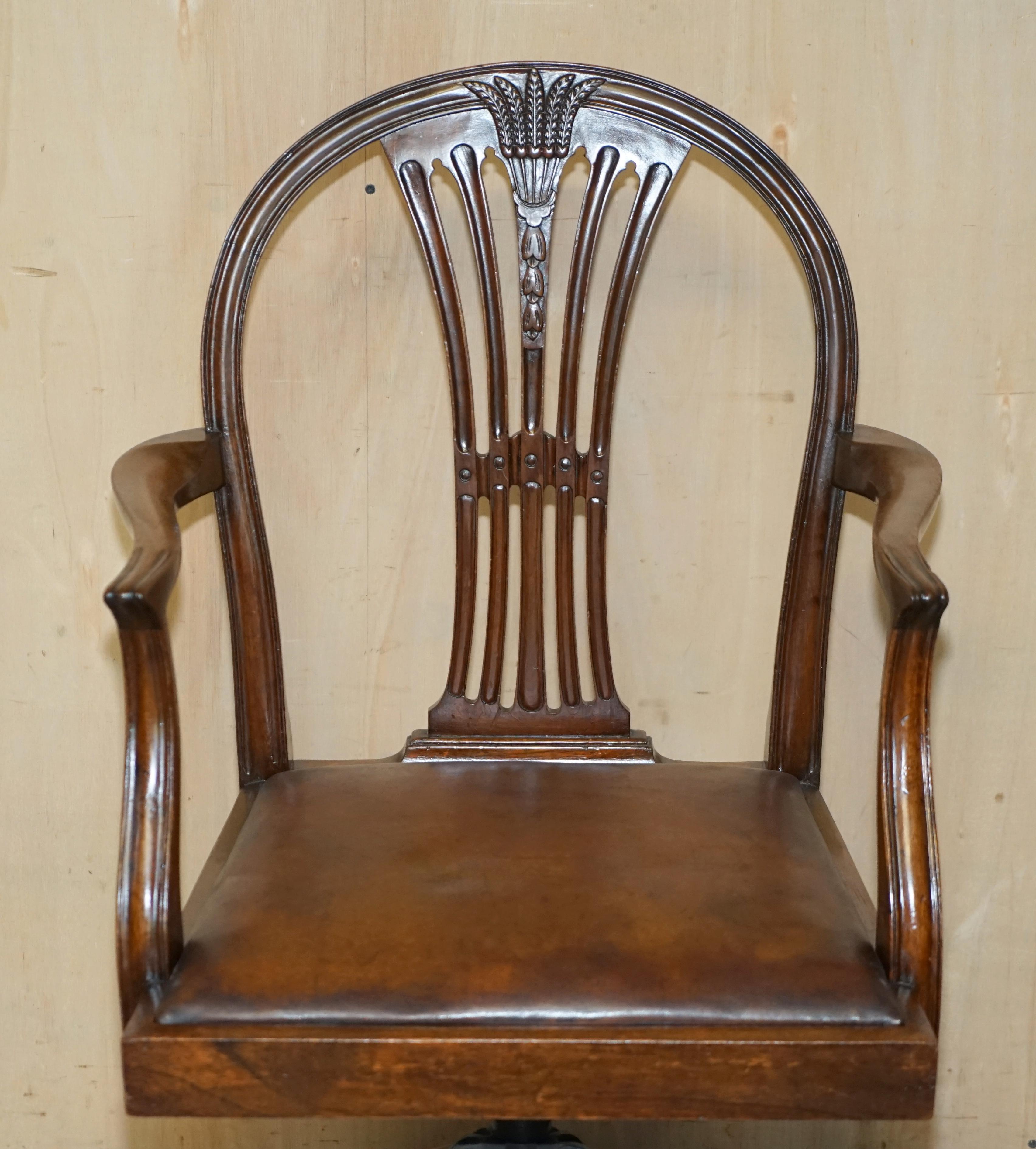 High Victorian Unique Antique 1880 George Hepplewhite Wheatgrass Captains Chair Brown Leather For Sale