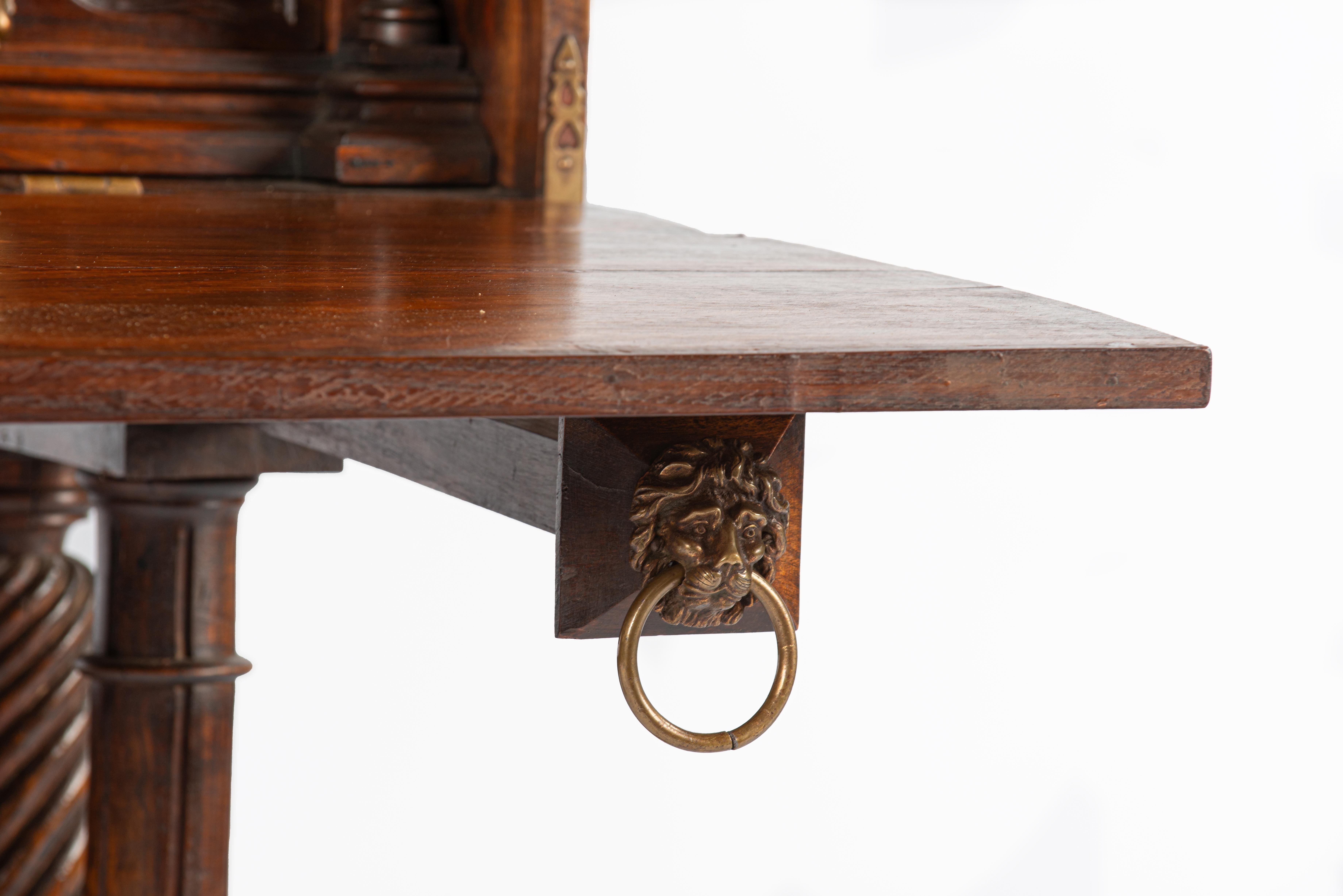 Brass Unique Antique 19th Century Spanish Renaissance Bargueño in Solid Chestnut Wood For Sale
