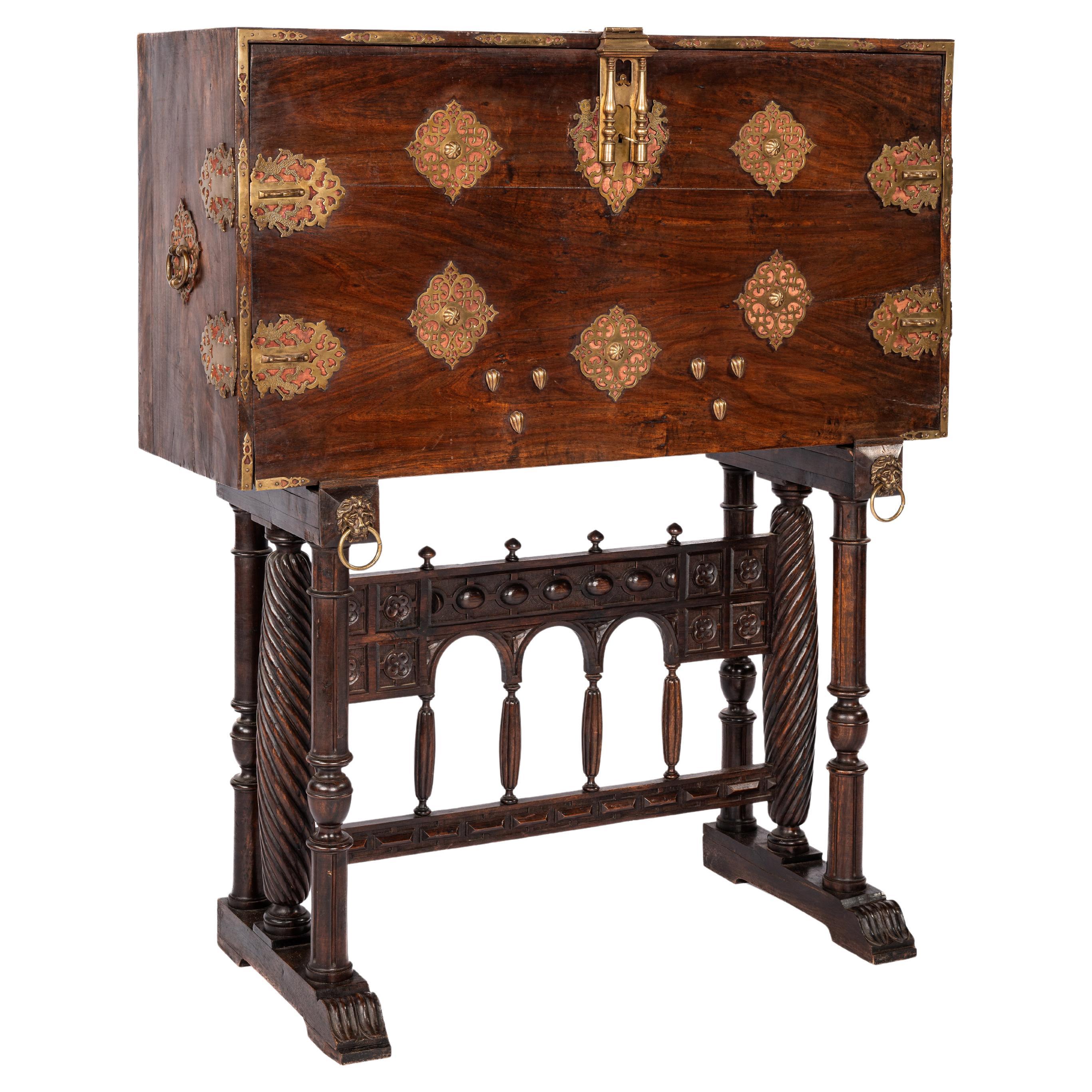 Unique Antique 19th Century Spanish Renaissance Bargueño in Solid Chestnut Wood For Sale