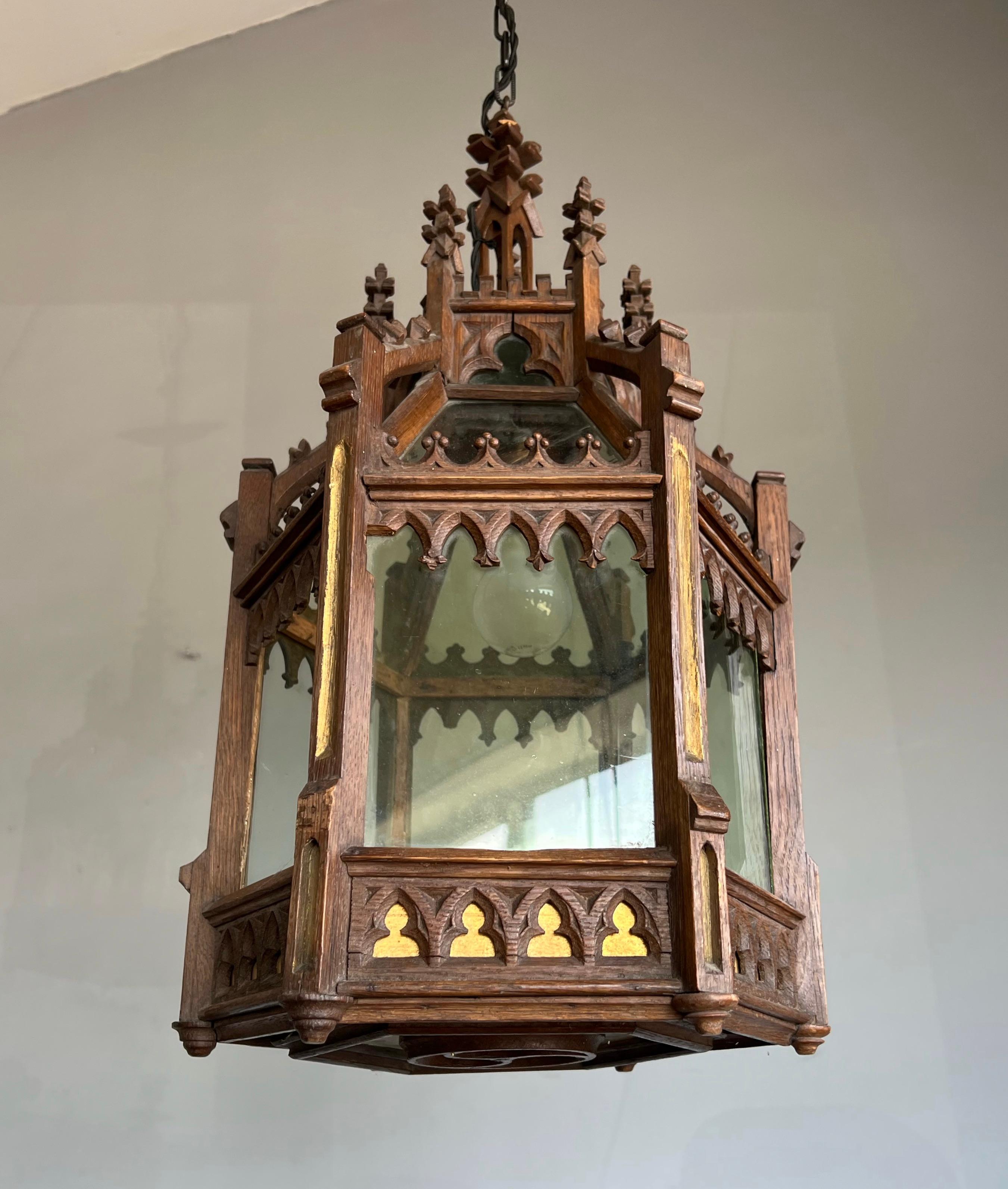 Unique Antique and Large Gothic Revival Hand Carved Oak & Glass Lantern Pendant For Sale 4