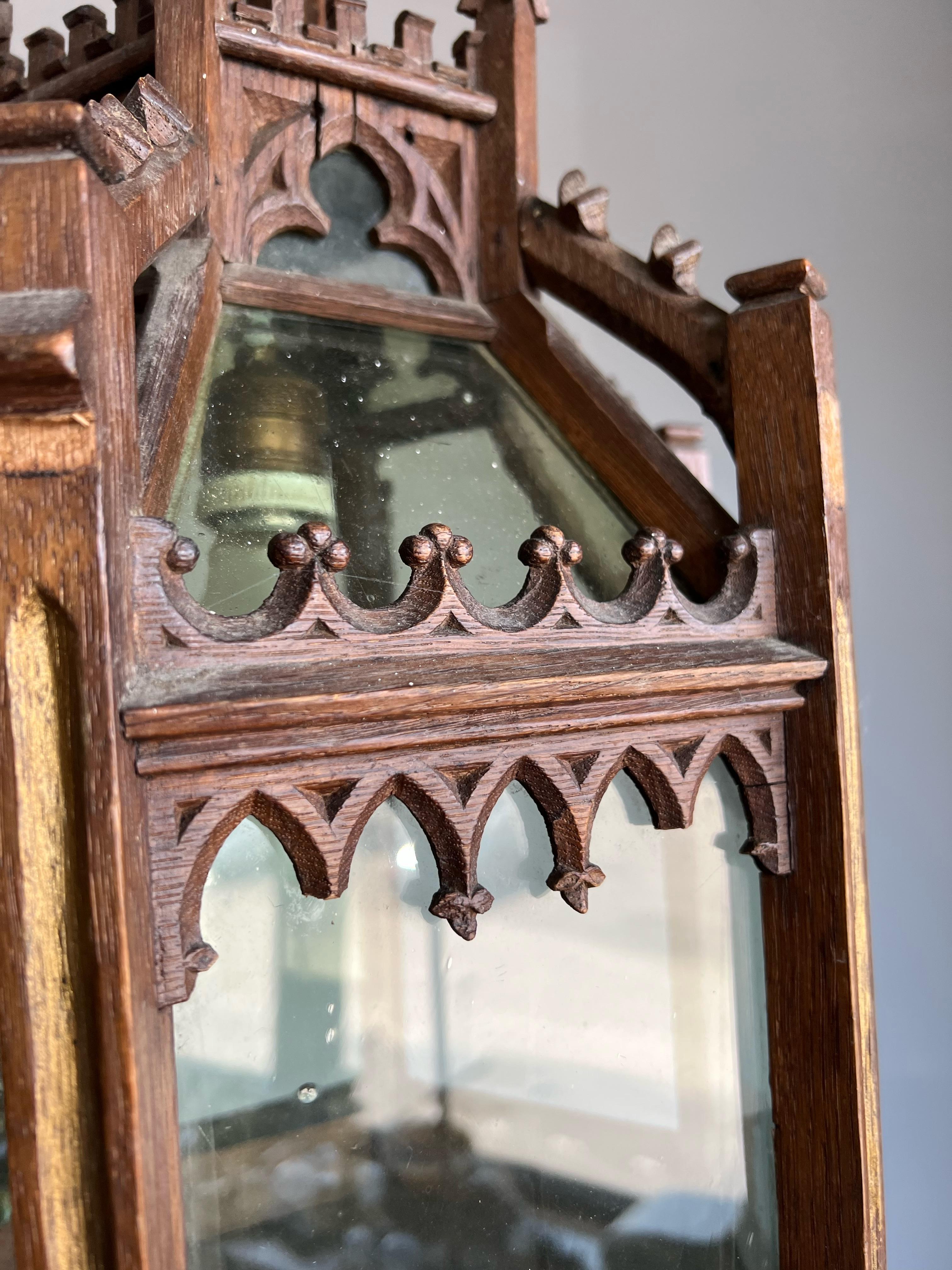 Unique Antique and Large Gothic Revival Hand Carved Oak & Glass Lantern Pendant For Sale 6