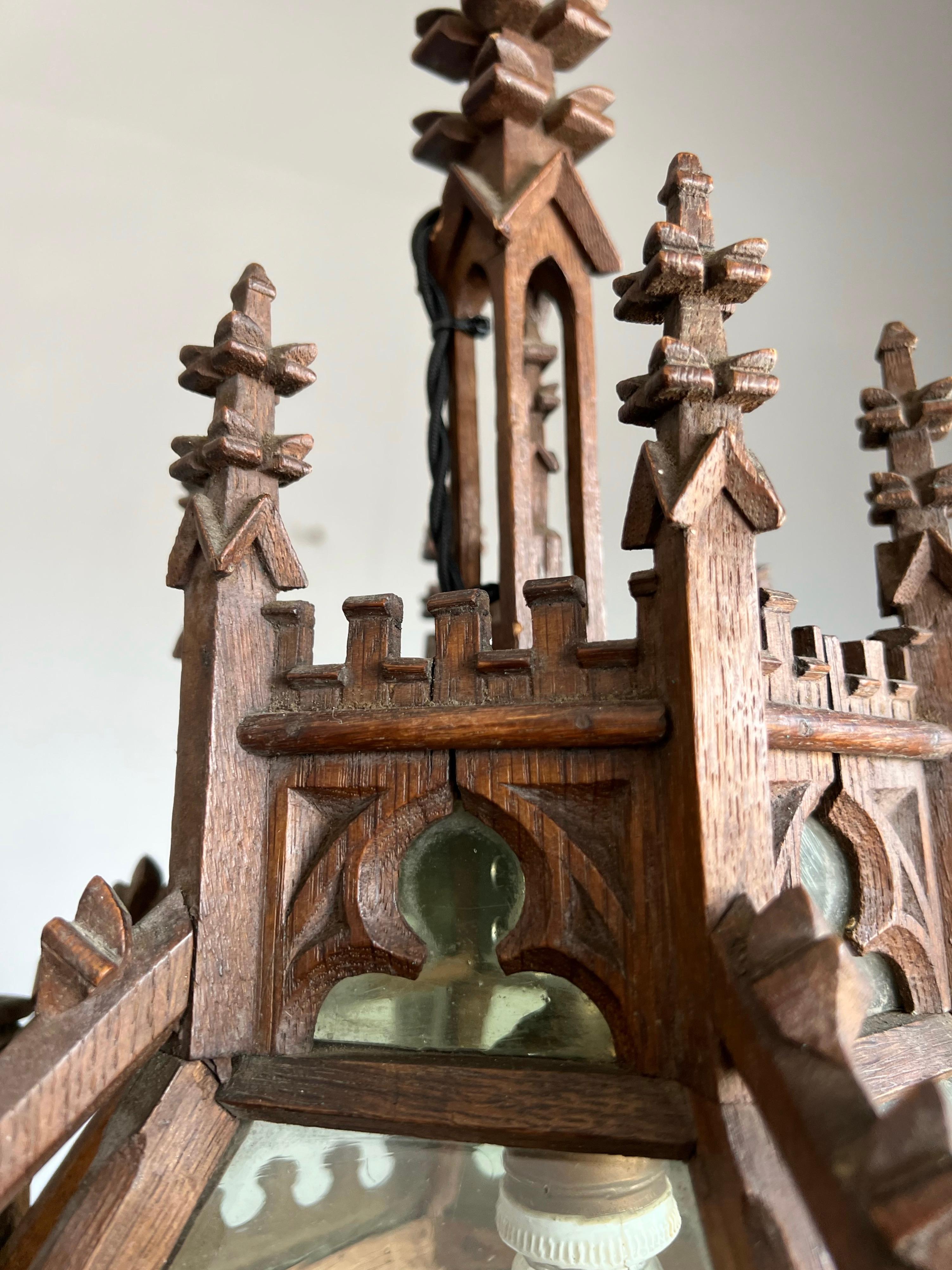 Unique Antique and Large Gothic Revival Hand Carved Oak & Glass Lantern Pendant For Sale 7