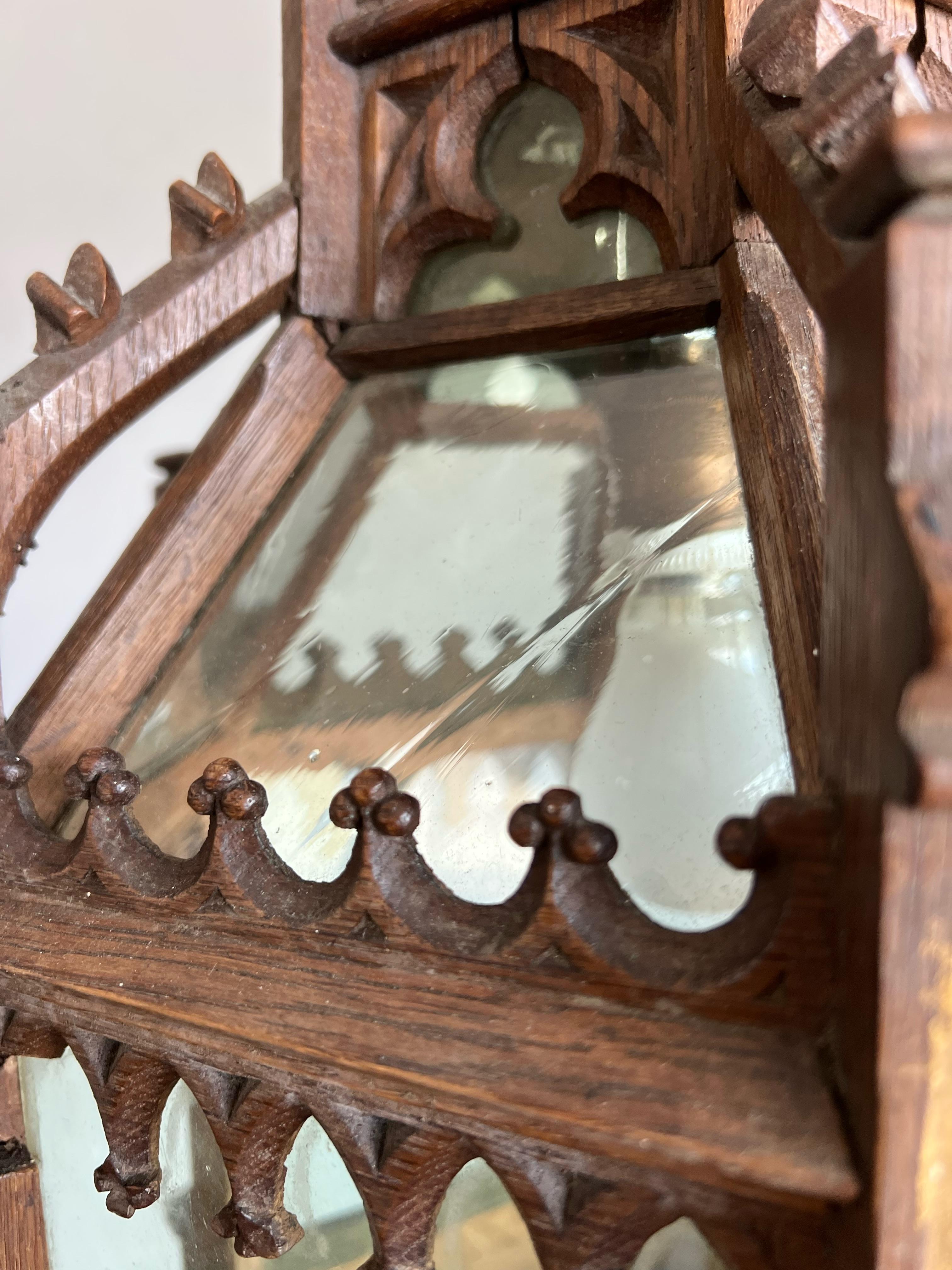 Unique Antique and Large Gothic Revival Hand Carved Oak & Glass Lantern Pendant For Sale 9