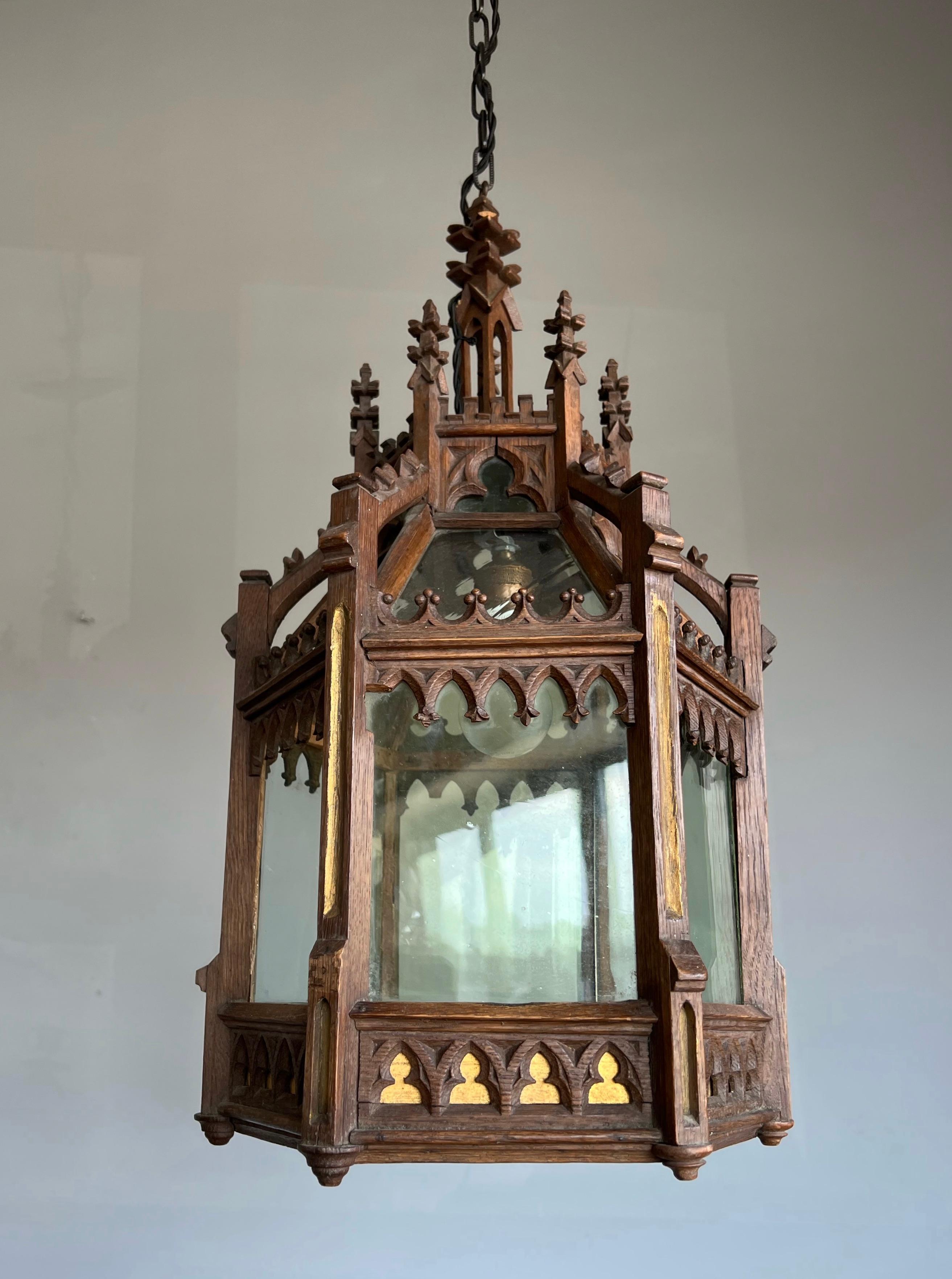 Unique Antique and Large Gothic Revival Hand Carved Oak & Glass Lantern Pendant For Sale 11