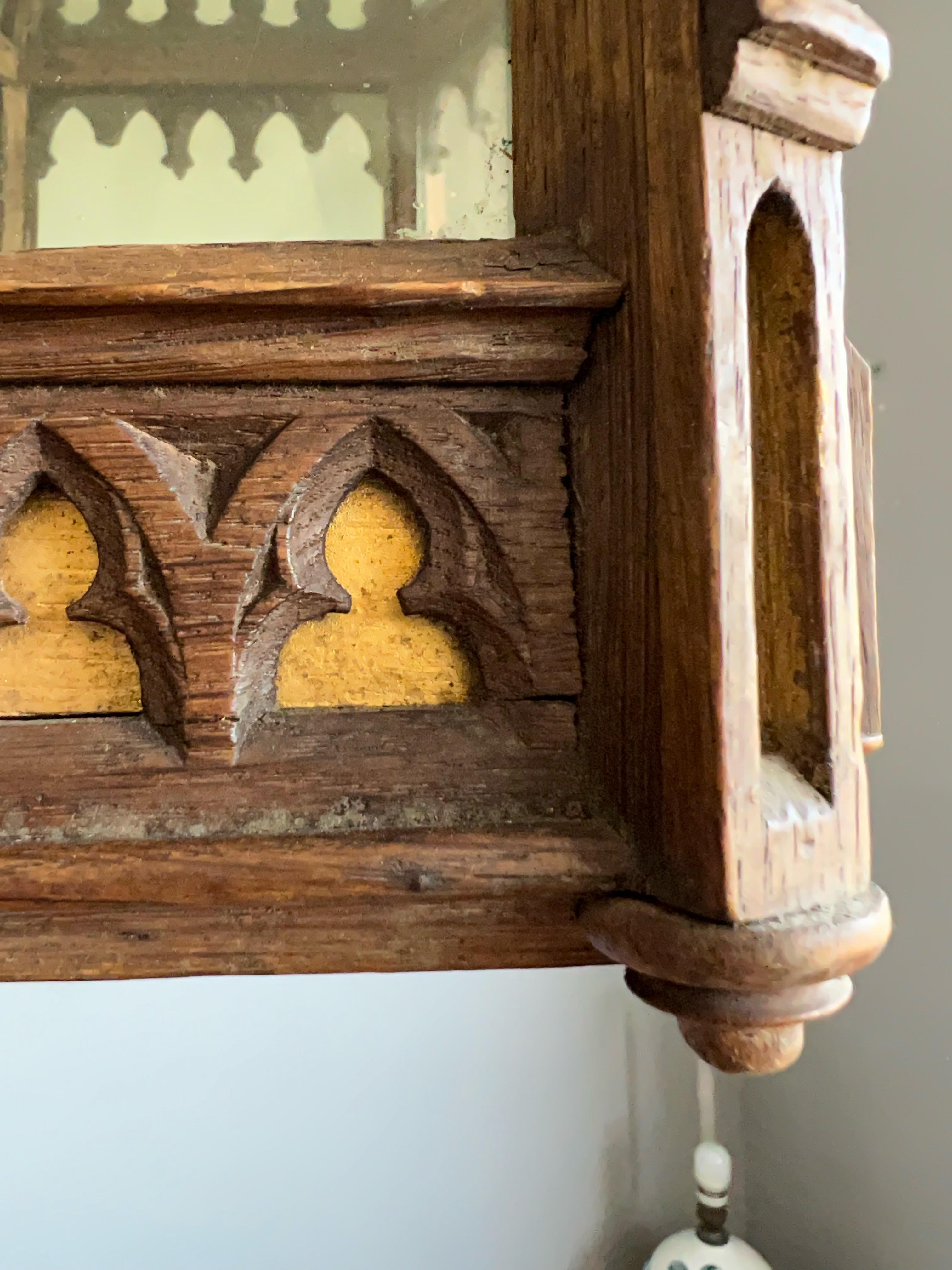 Unique Antique and Large Gothic Revival Hand Carved Oak & Glass Lantern Pendant For Sale 12