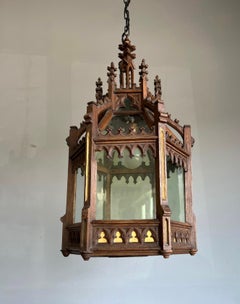 Unique Antique and Large Gothic Revival Hand Carved Oak & Glass Lantern Pendant