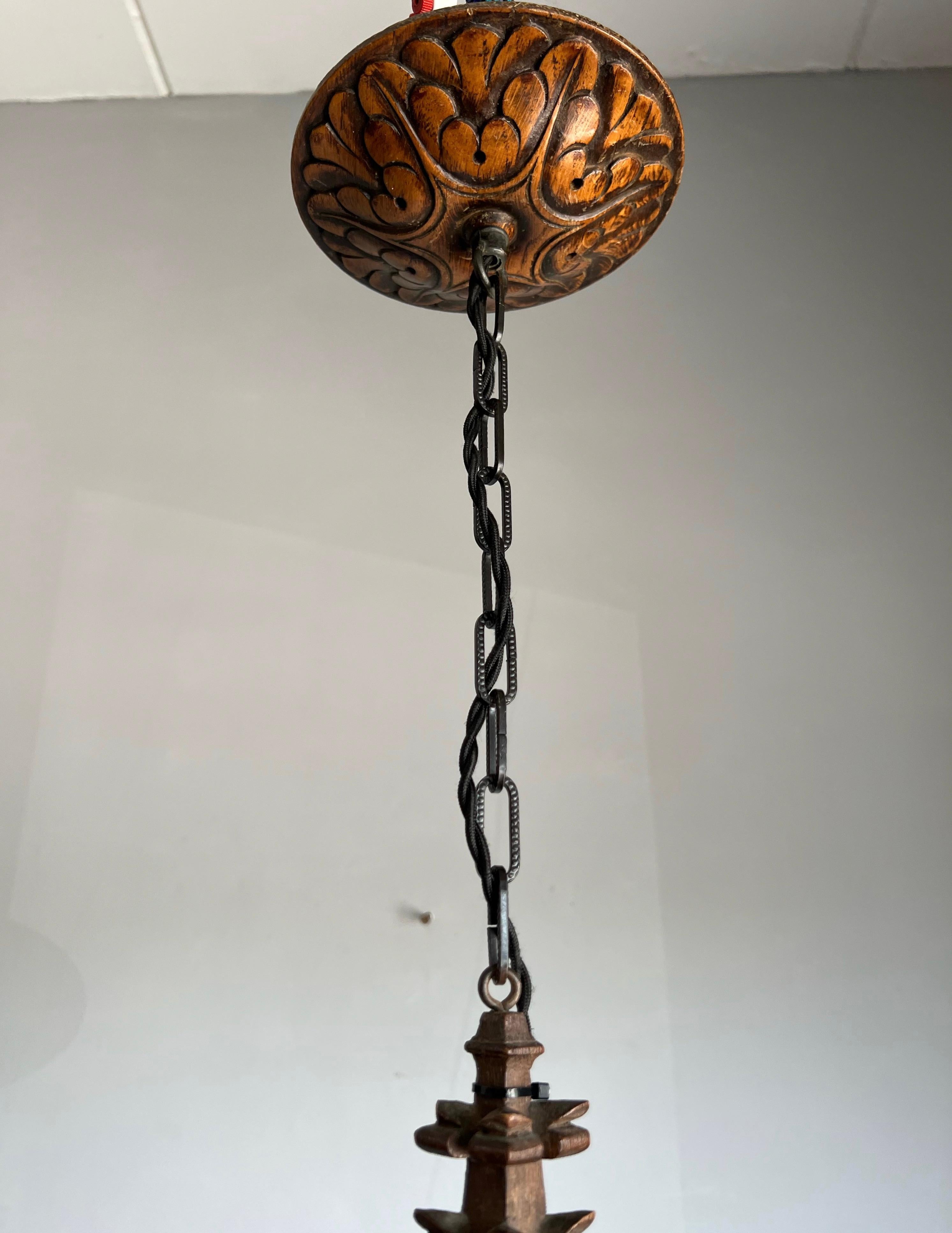Unique Antique and Large Gothic Revival Hand Carved Oak & Glass Lantern Pendant For Sale 13