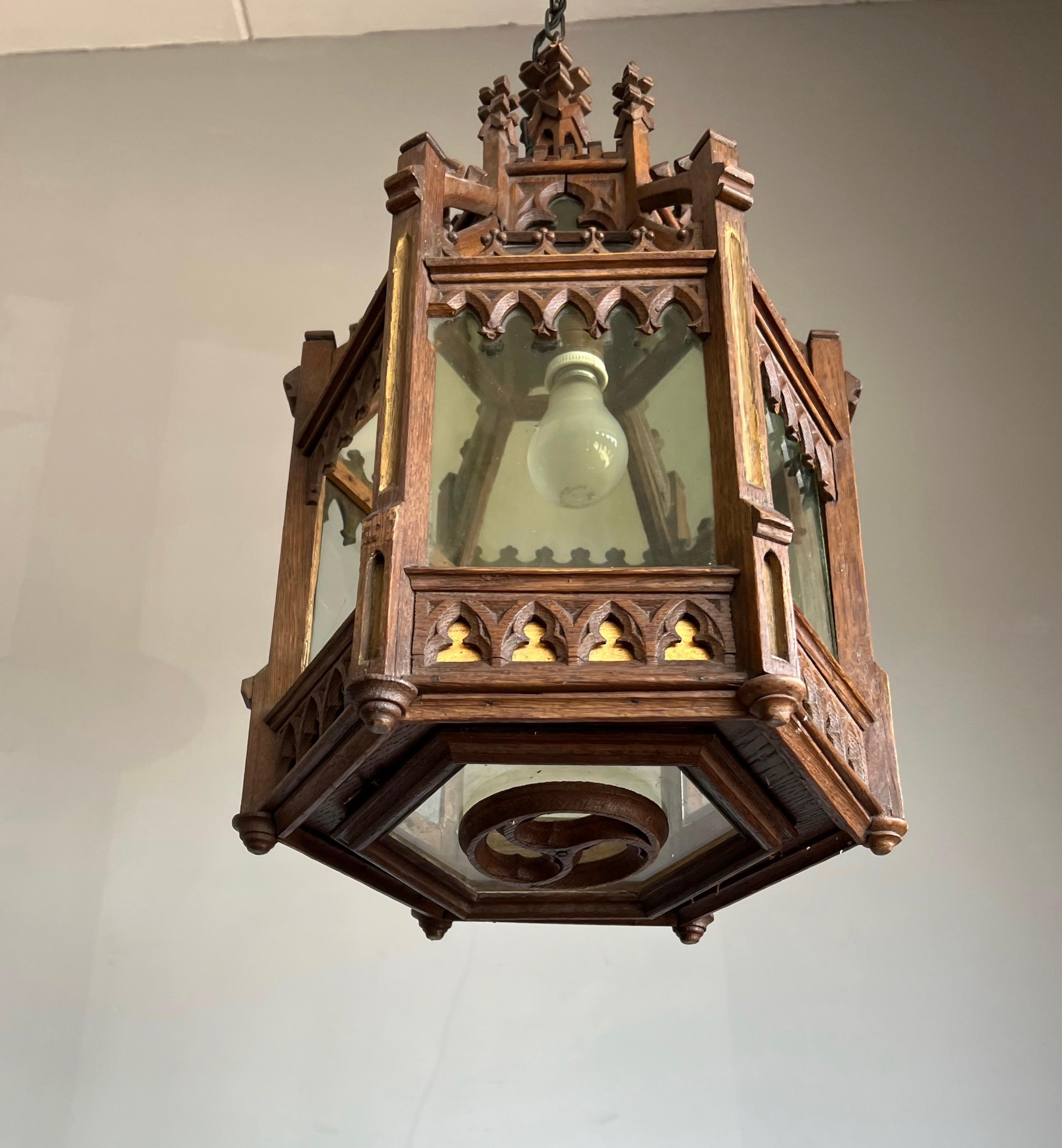 French Unique Antique and Large Gothic Revival Hand Carved Oak & Glass Lantern Pendant For Sale