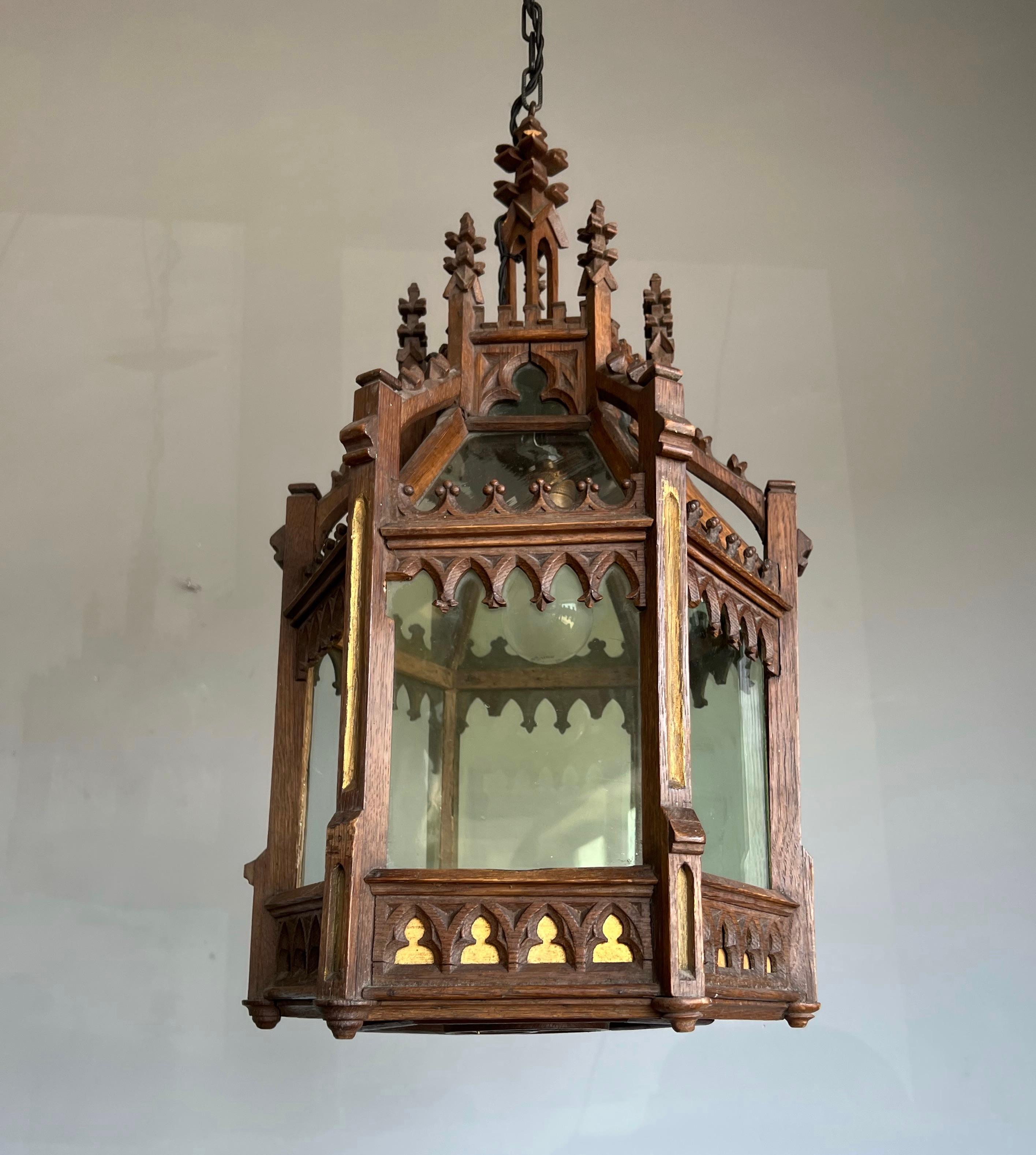 Unique Antique and Large Gothic Revival Hand Carved Oak & Glass Lantern Pendant In Good Condition For Sale In Lisse, NL
