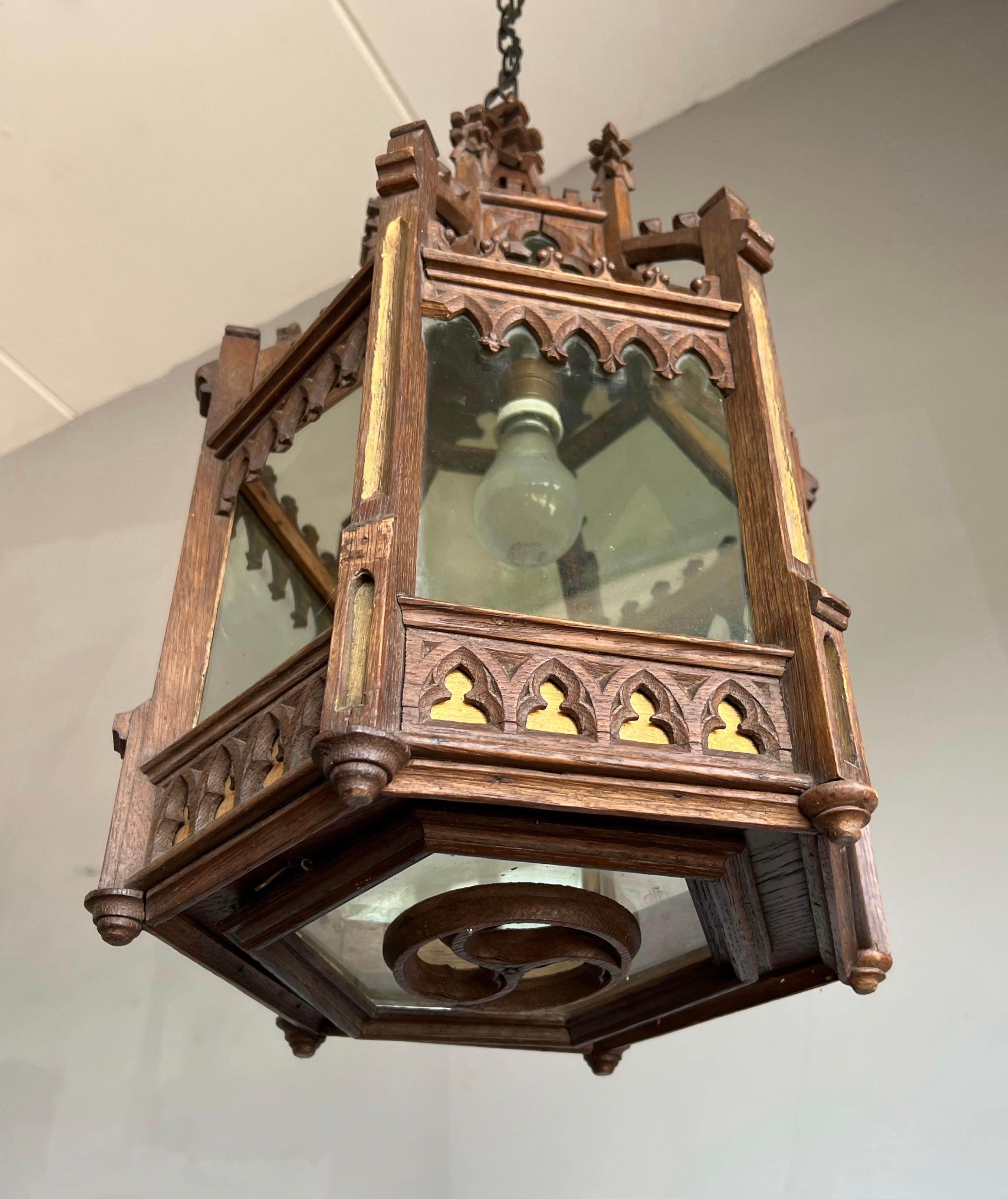 Wood Unique Antique and Large Gothic Revival Hand Carved Oak & Glass Lantern Pendant For Sale
