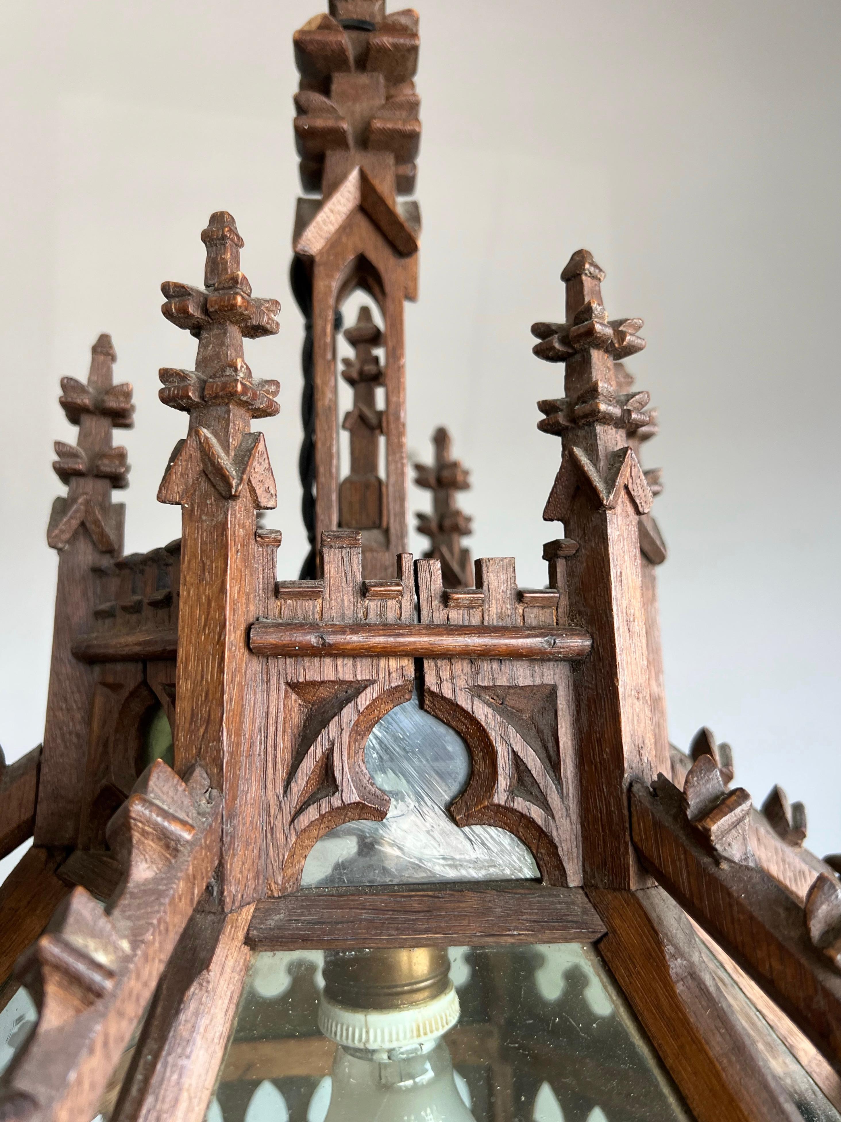 Unique Antique and Large Gothic Revival Hand Carved Oak & Glass Lantern Pendant For Sale 1
