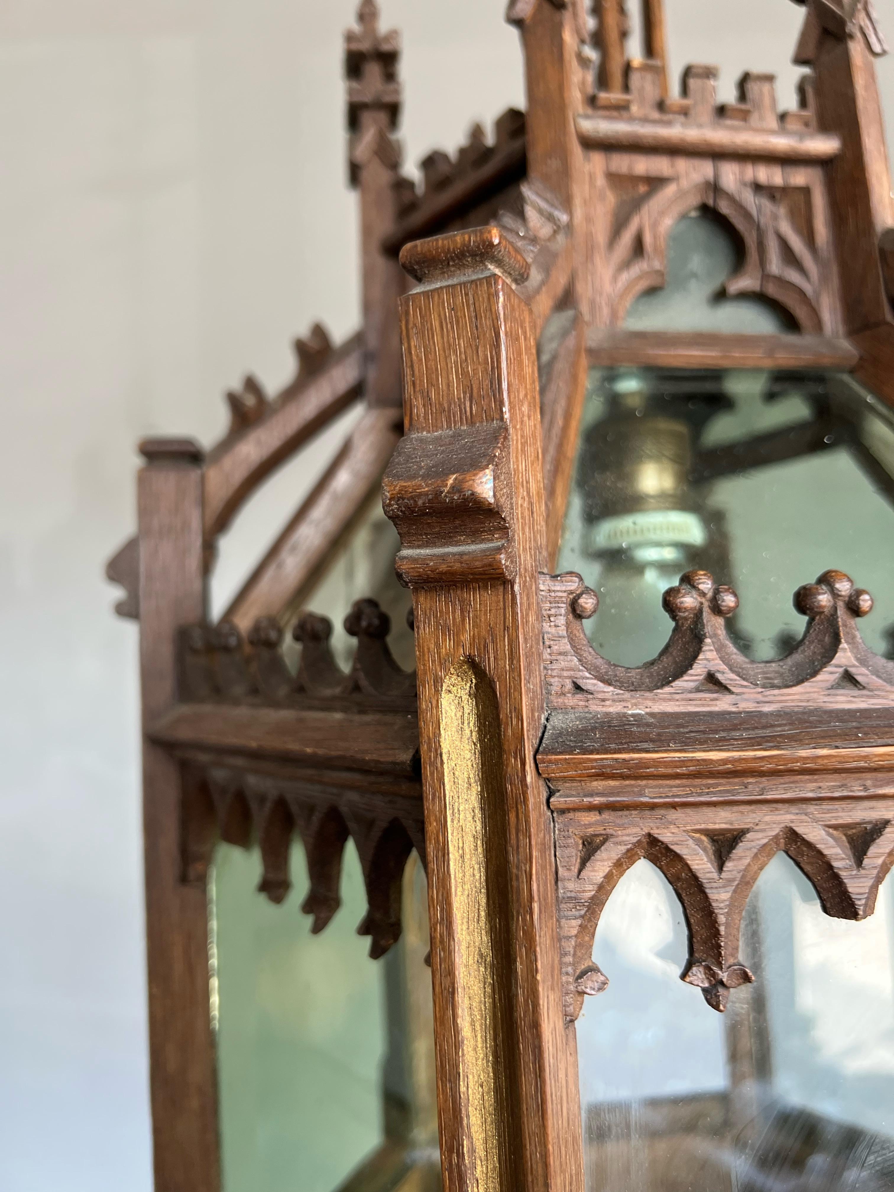 Unique Antique and Large Gothic Revival Hand Carved Oak & Glass Lantern Pendant For Sale 2