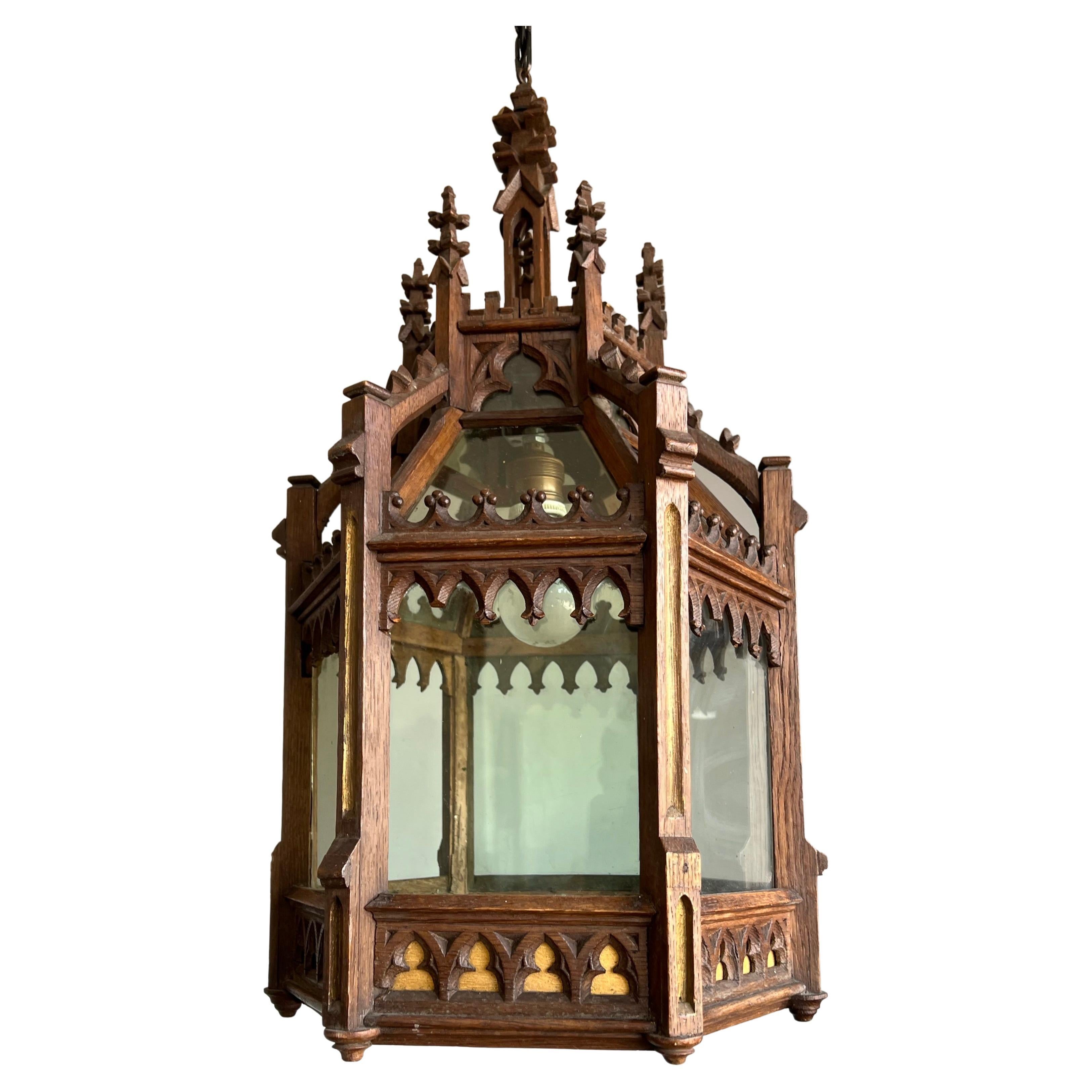 Unique Antique and Large Gothic Revival Hand Carved Oak & Glass Lantern Pendant For Sale