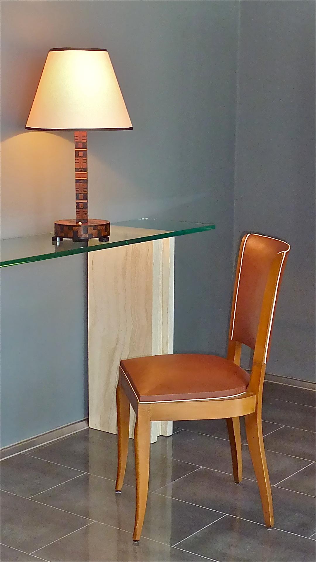 French Unique Antique Art Deco Bauhaus Wood Marquetry Table Lamp Brown Beige Black 1930