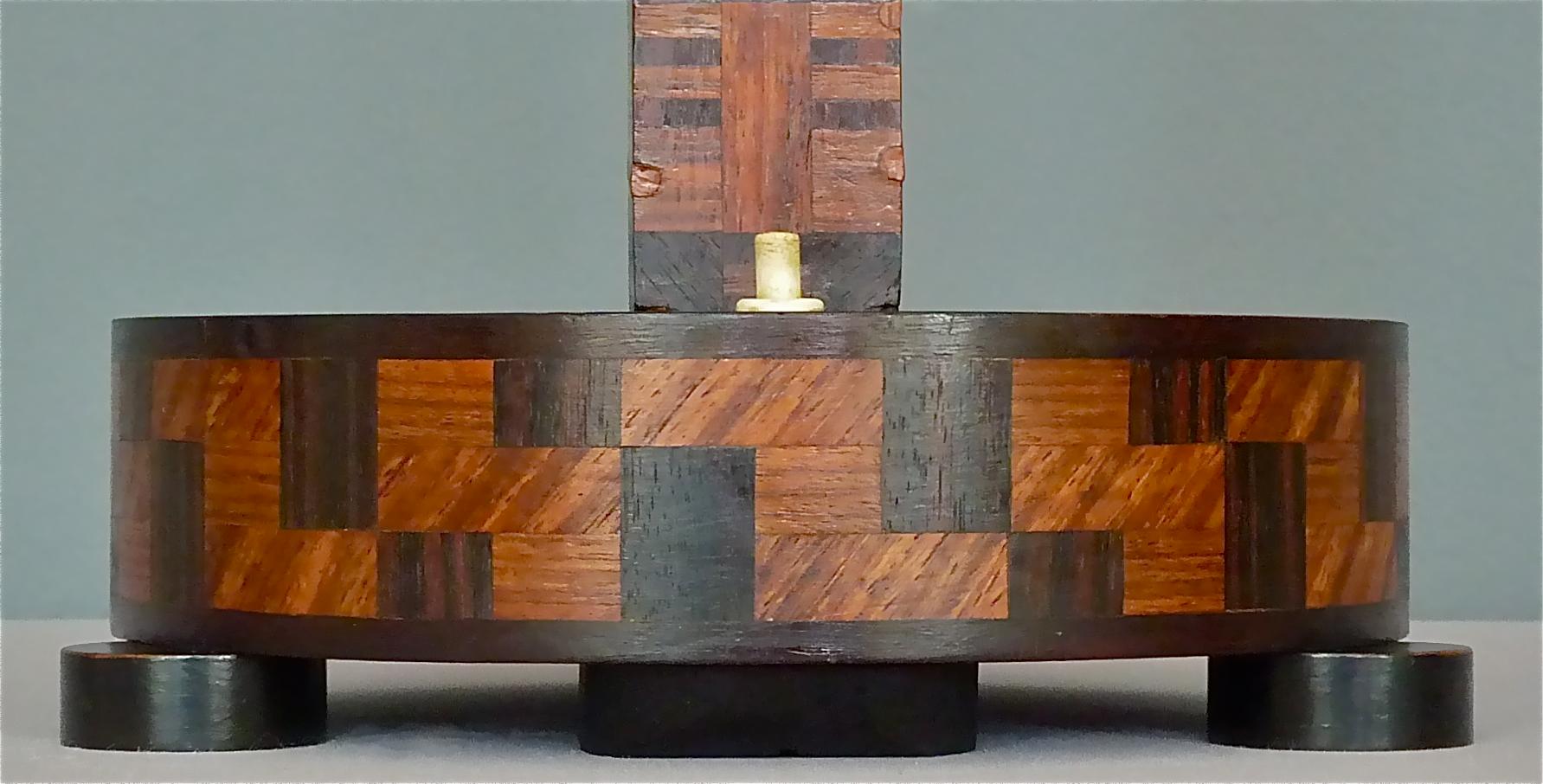 Unique Antique Art Deco Bauhaus Wood Marquetry Table Lamp Brown Beige Black 1930 1