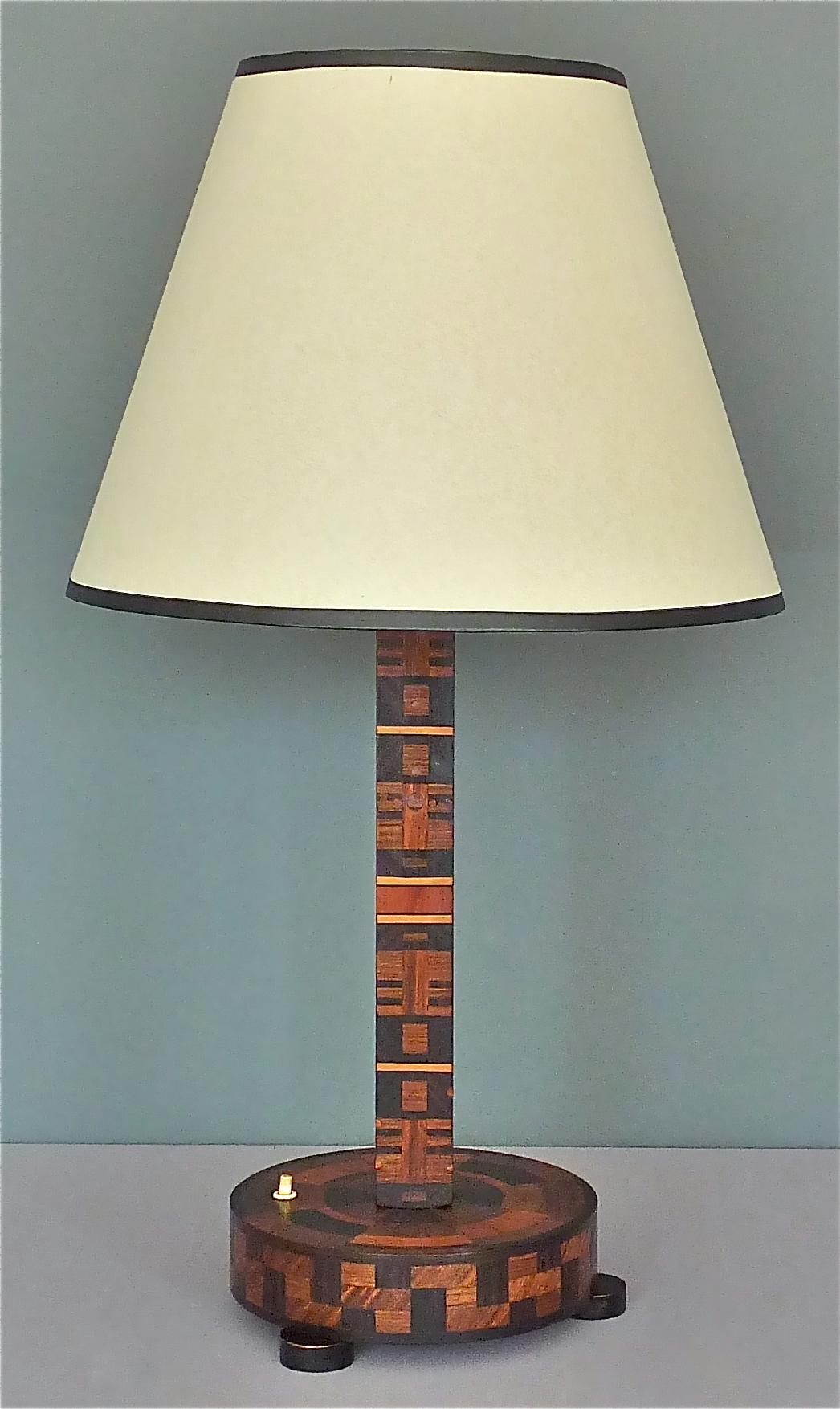 Unique Antique Art Deco Bauhaus Wood Marquetry Table Lamp Brown Beige Black 1930 2