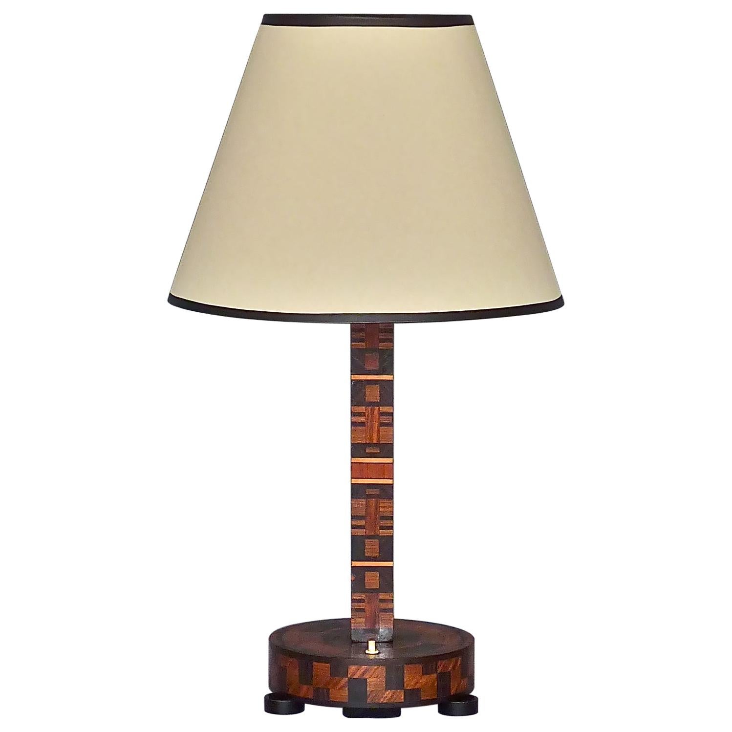 Unique Antique Art Deco Bauhaus Wood Marquetry Table Lamp Brown Beige Black 1930