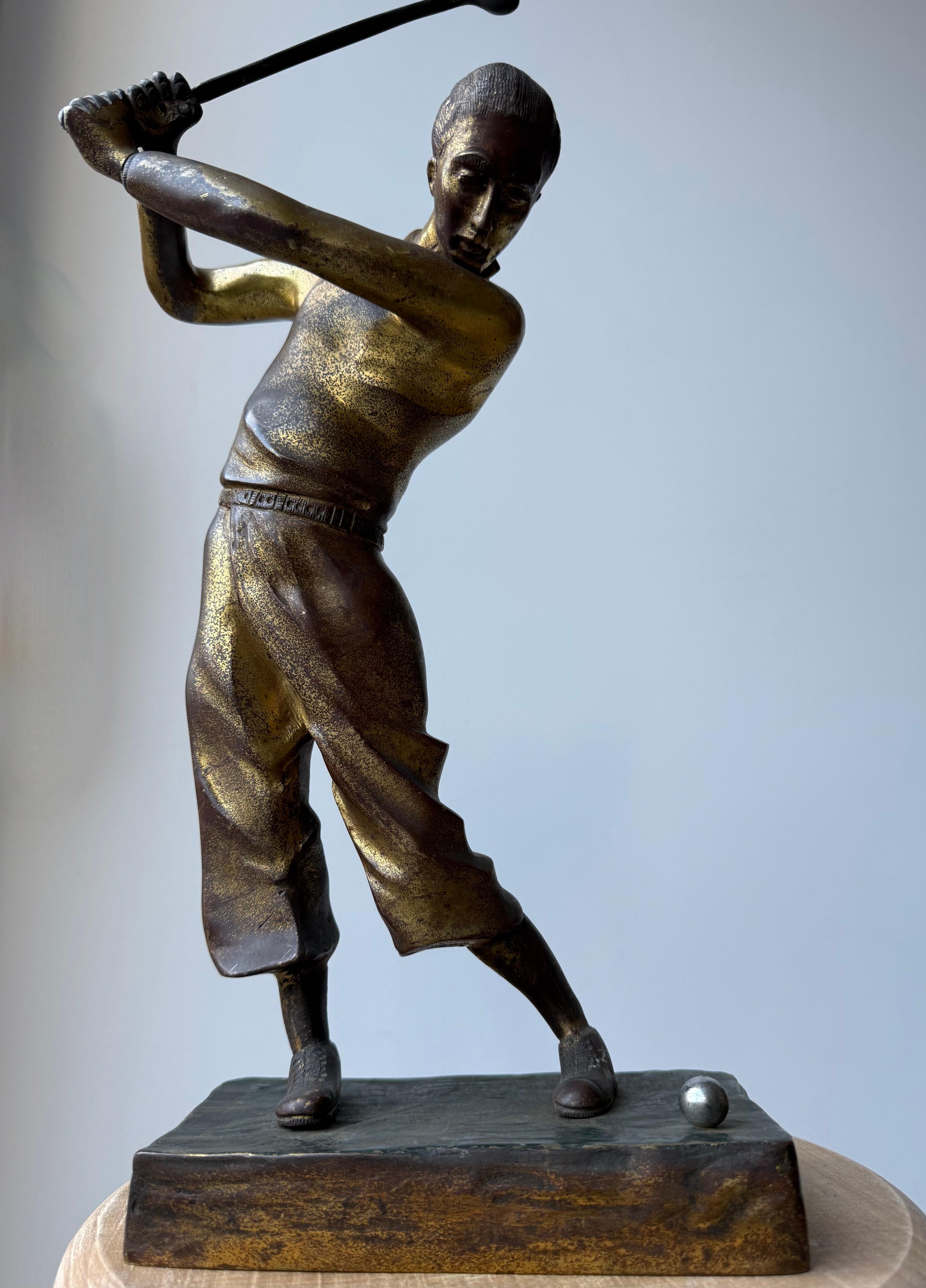 Unique Antique Hand Crafted Bronze Golf Player in Backswing Sculpture / Statue For Sale 12