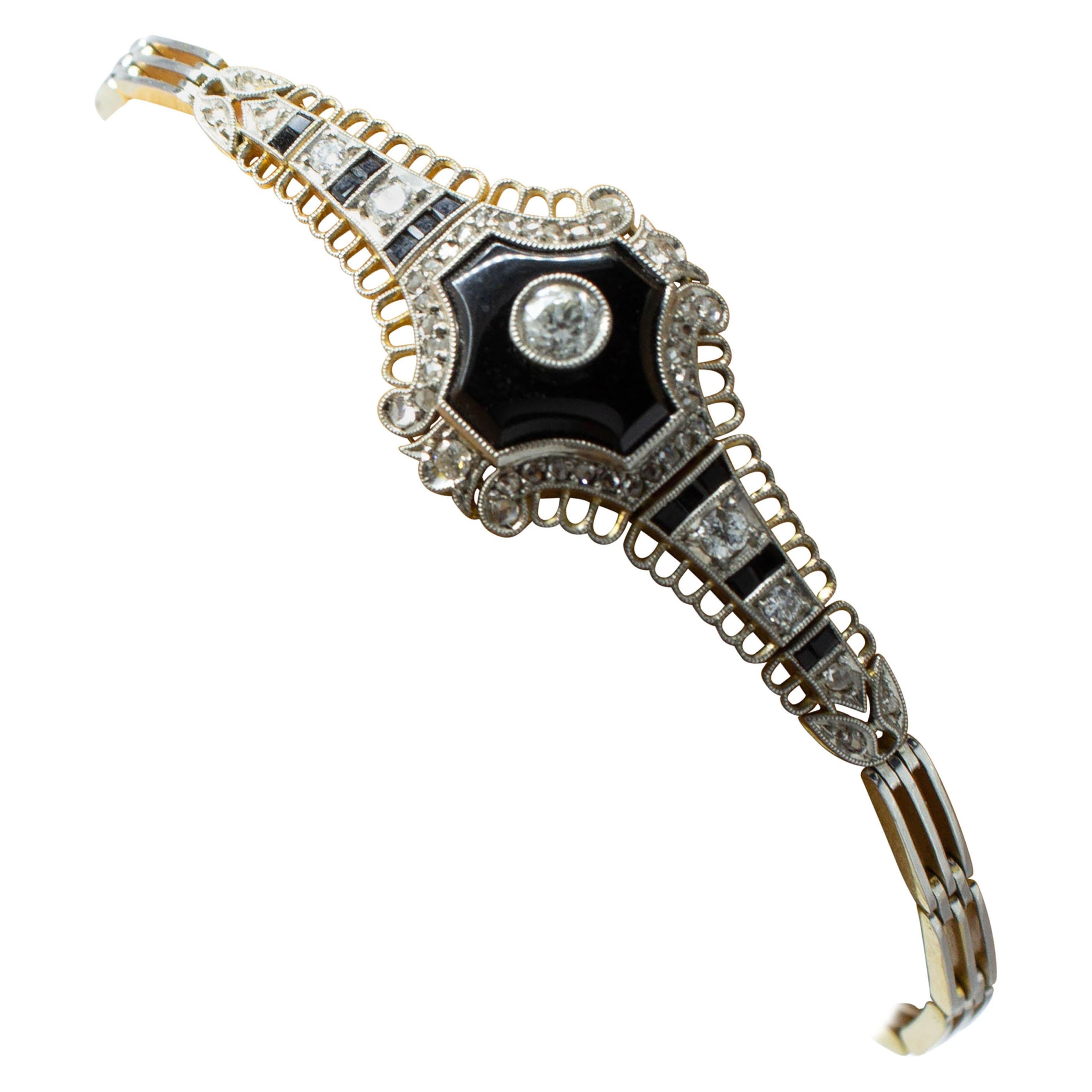 Unique Antique Art Deco Original Diamond and Onix Bracelet For Sale