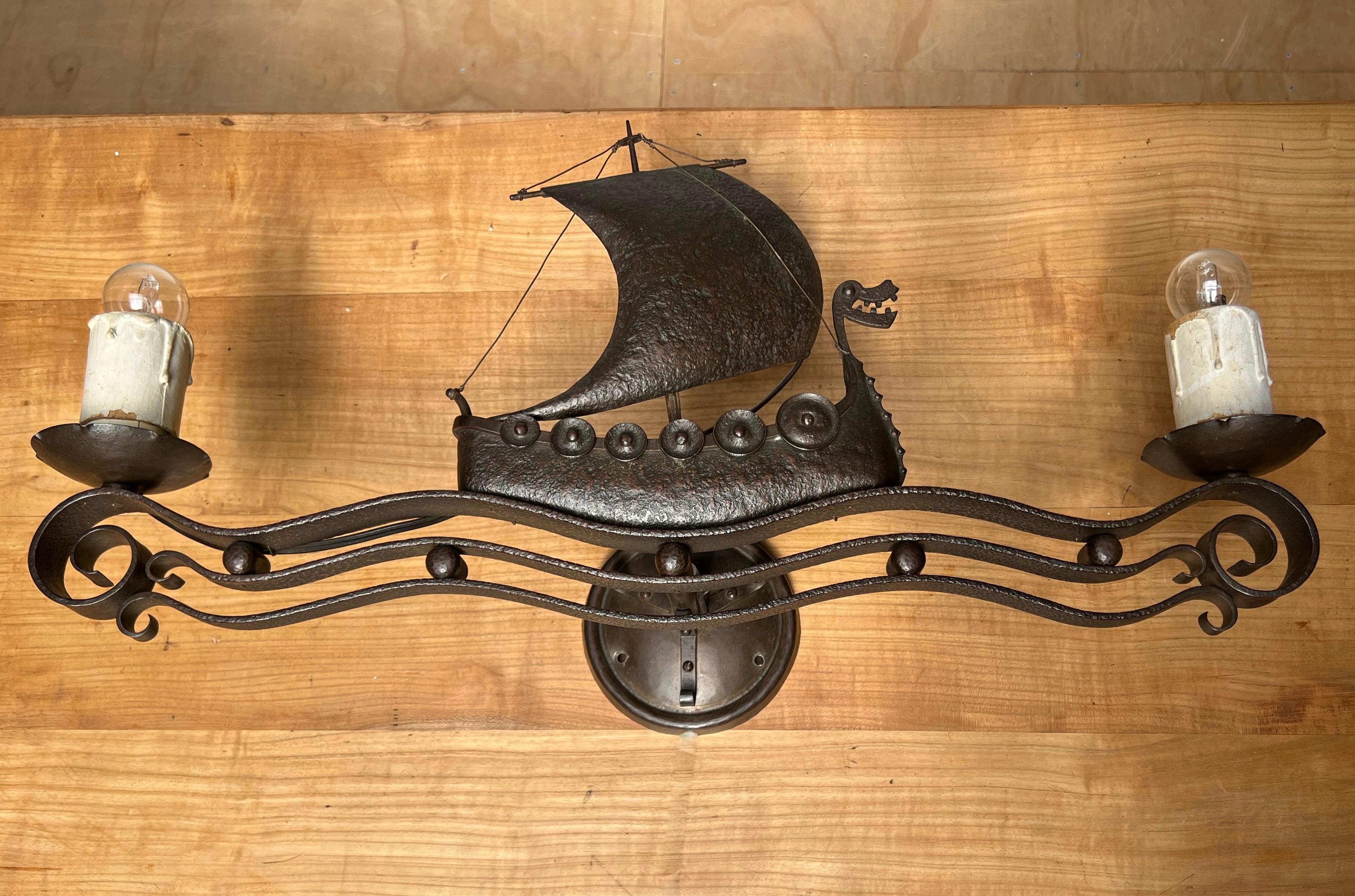 Unique Antique Arts & Crafts Wrought Iron Viking Ship Sailing on Sea Wall Sconce For Sale 8