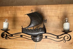 Unique Antique Arts & Crafts Wrought Iron Viking Ship Sailing on Sea Wall Sconce