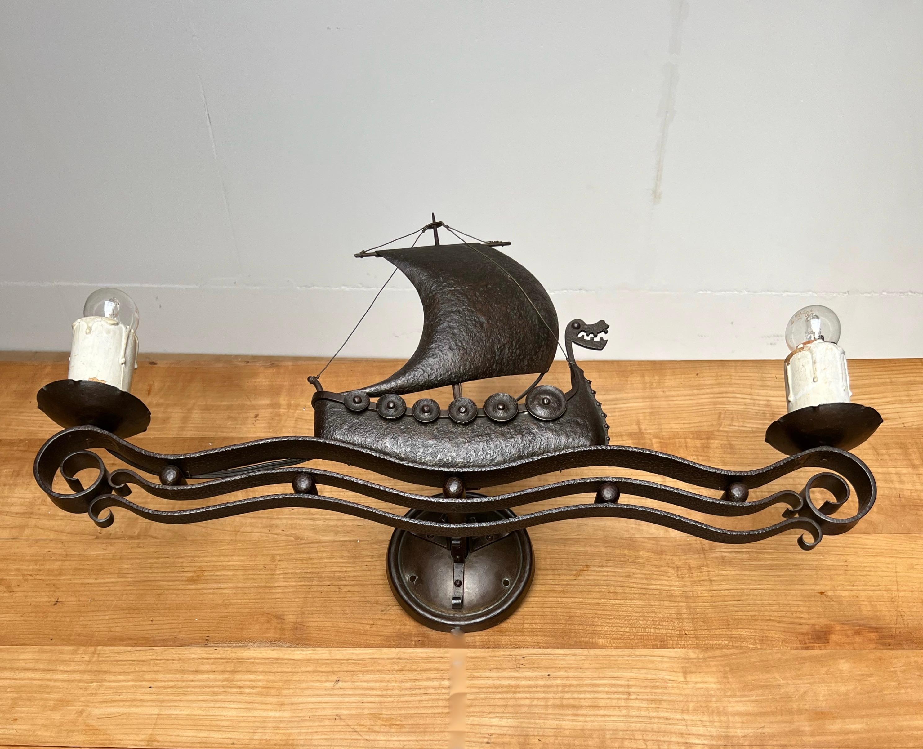 Arts and Crafts Unique Antique Arts & Crafts Wrought Iron Viking Ship Sailing on Sea Wall Sconce For Sale