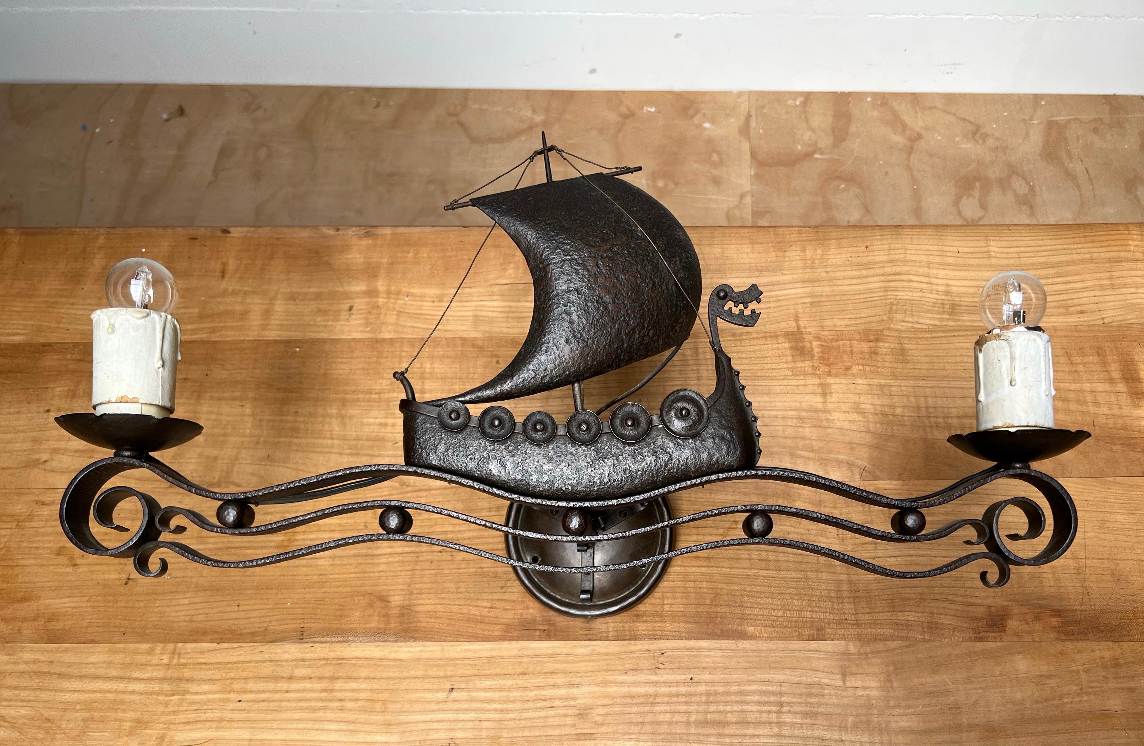 Forged Unique Antique Arts & Crafts Wrought Iron Viking Ship Sailing on Sea Wall Sconce For Sale