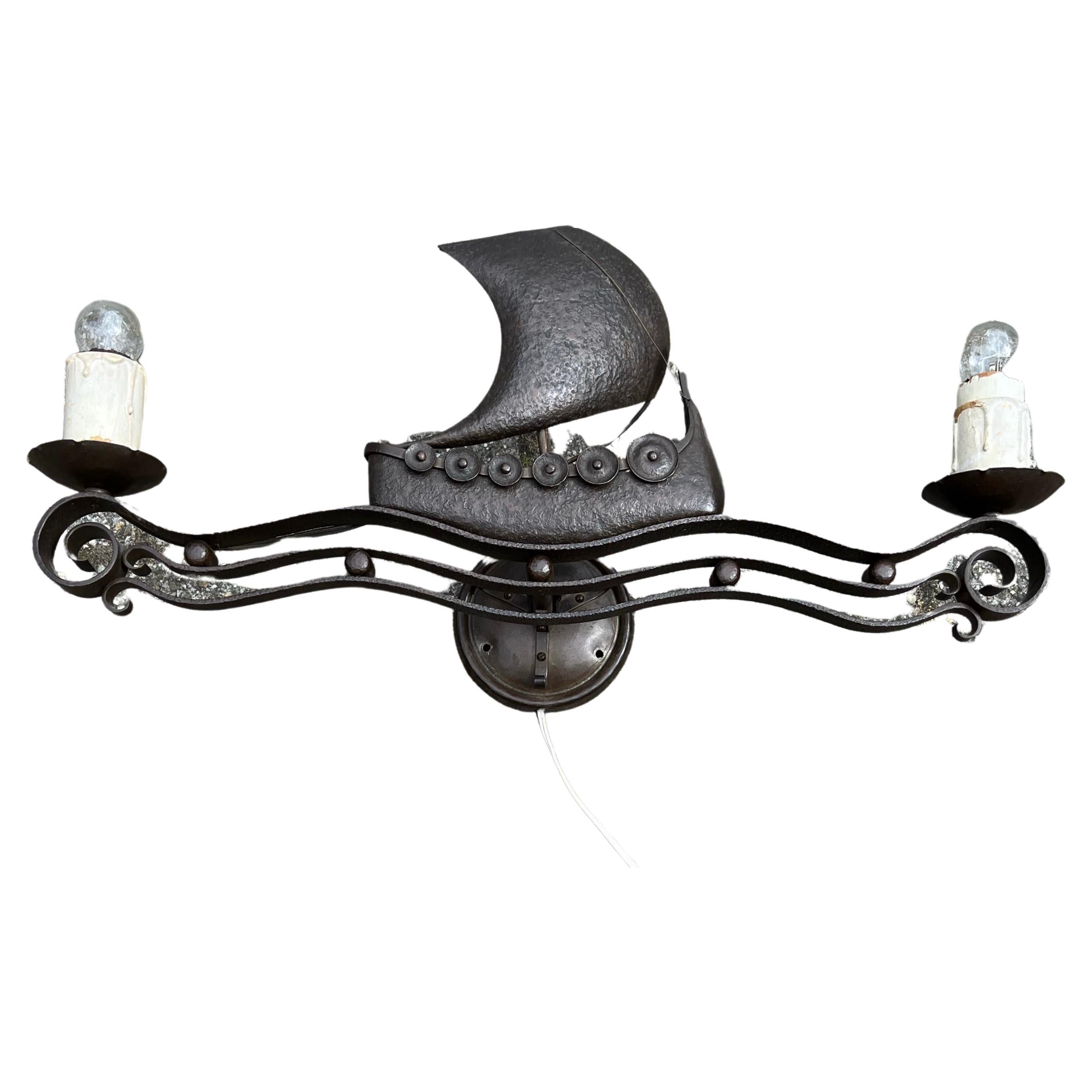 Unique Antique Arts & Crafts Wrought Iron Viking Ship Sailing on Sea Wall Sconce