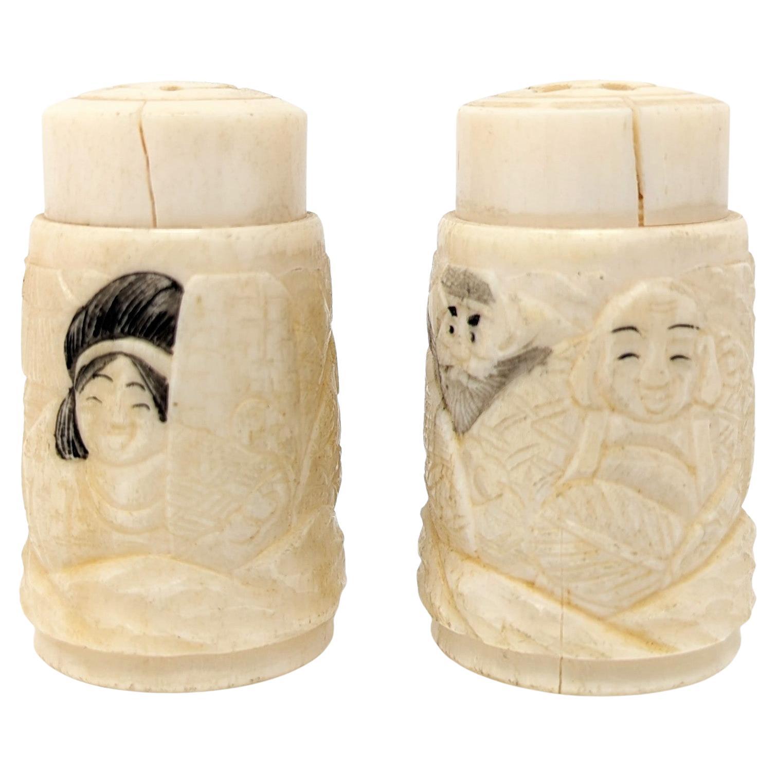 Unique Antique Asian Hand Carved Bone Salt and Pepper Shakers Set 