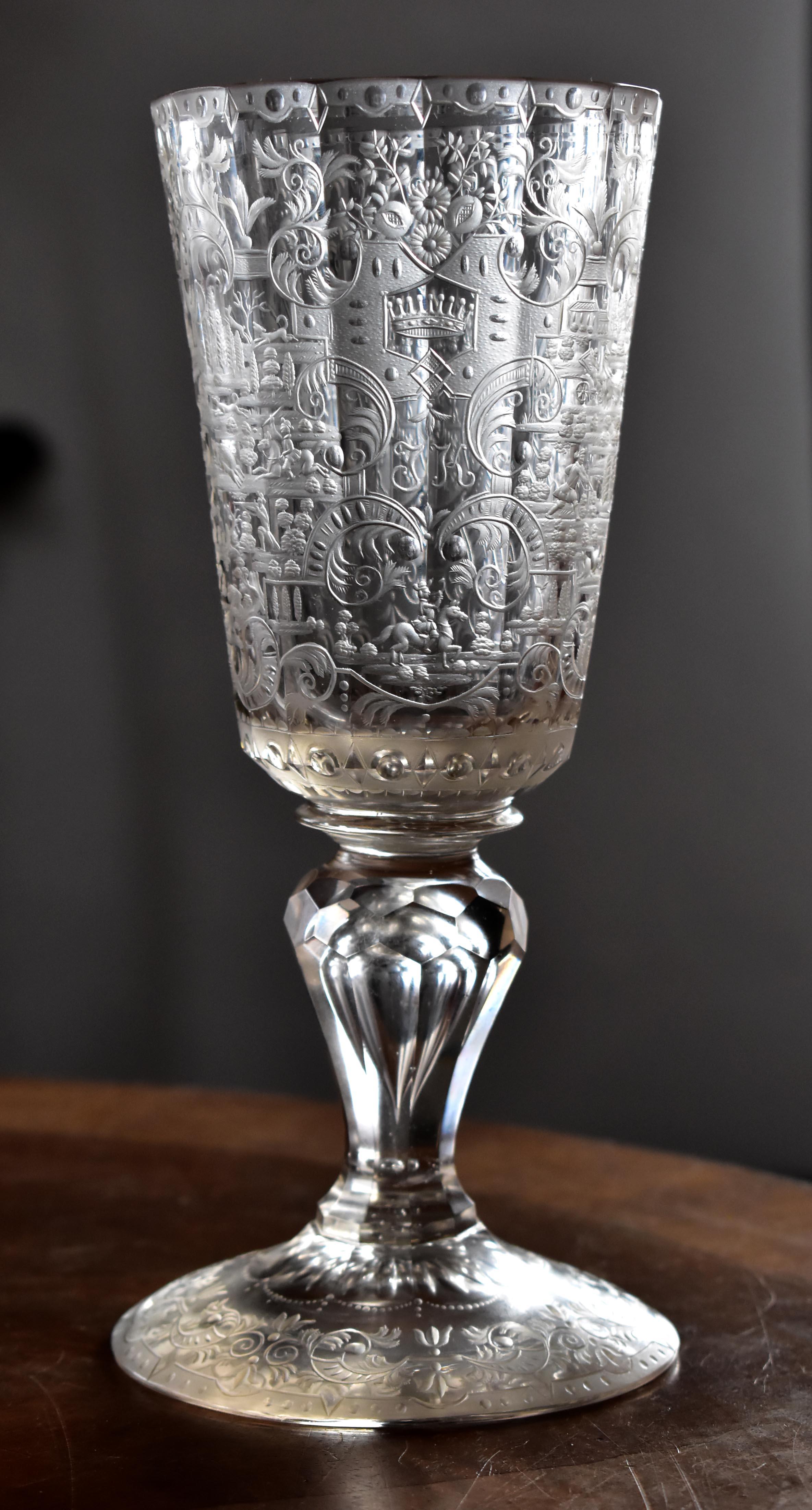 Unique Antique Baroque Goblet Engraved Coat of Arms of the Family of Spork 18th  In Good Condition For Sale In Nový Bor, CZ