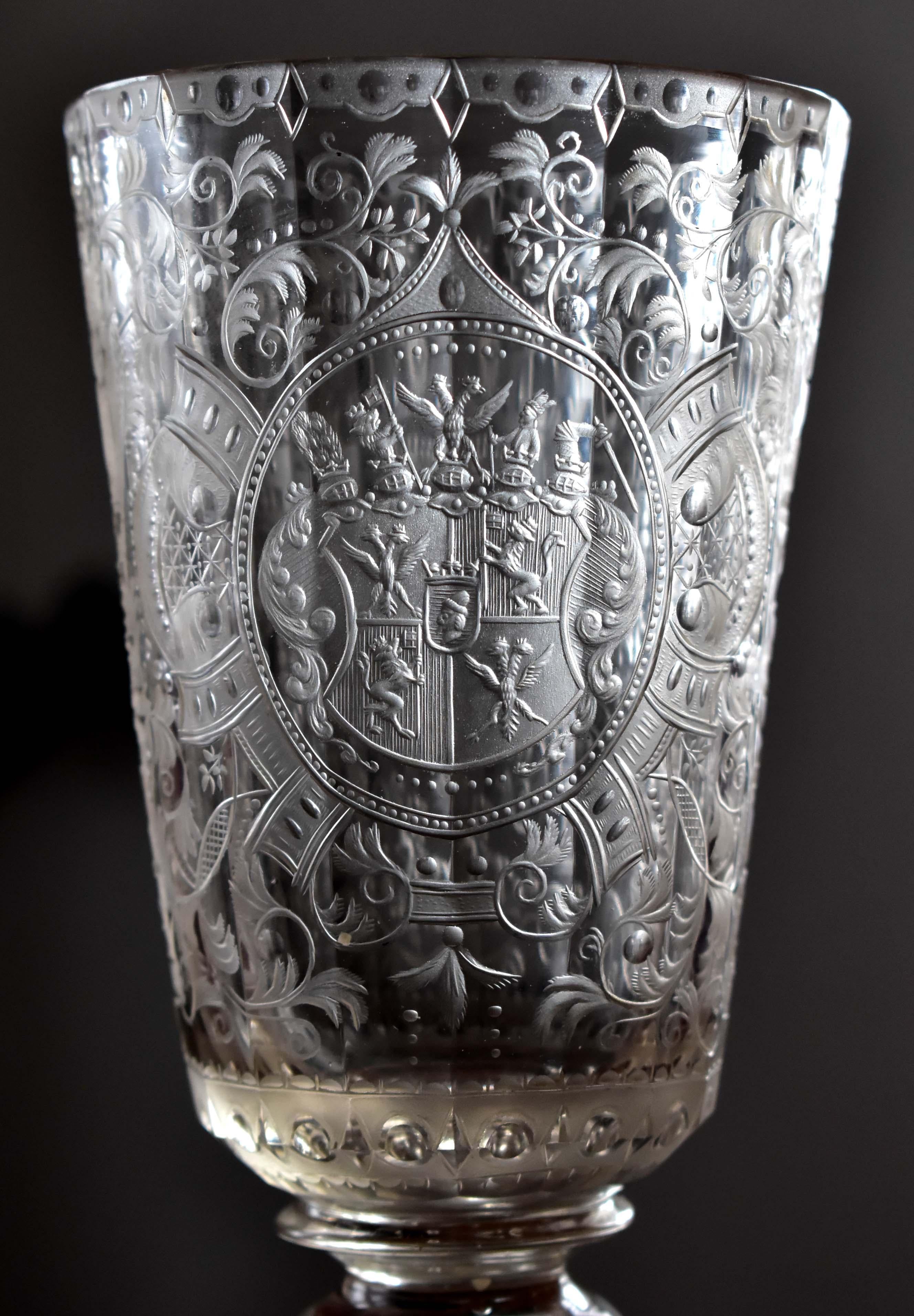 18th Century and Earlier Unique Antique Baroque Goblet Engraved Coat of Arms of the Family of Spork 18th  For Sale