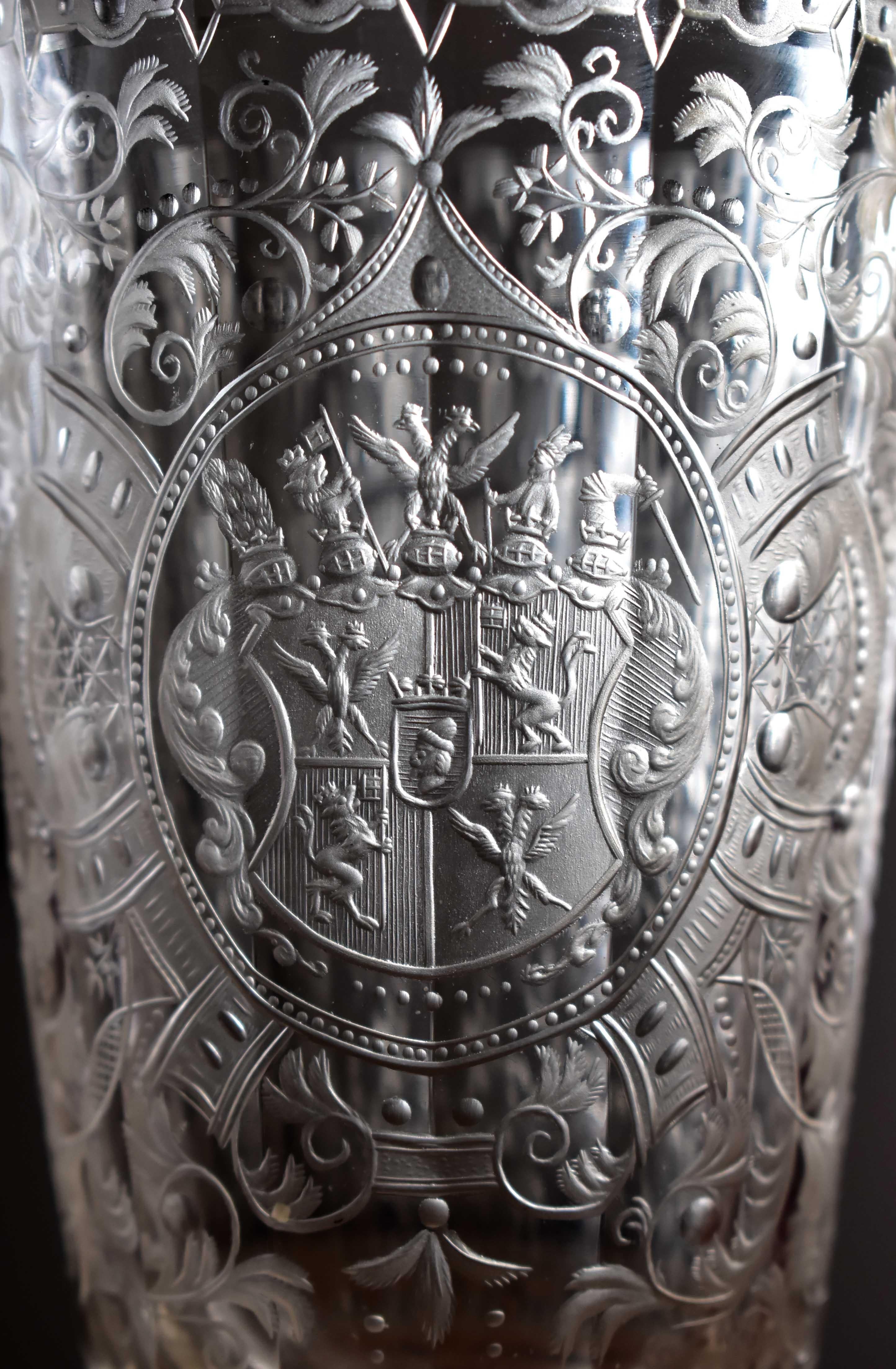 Glass Unique Antique Baroque Goblet Engraved Coat of Arms of the Family of Spork 18th  For Sale