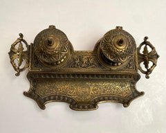 Unique Antique Cast Brass Double Inkwell from France, Early 1900s