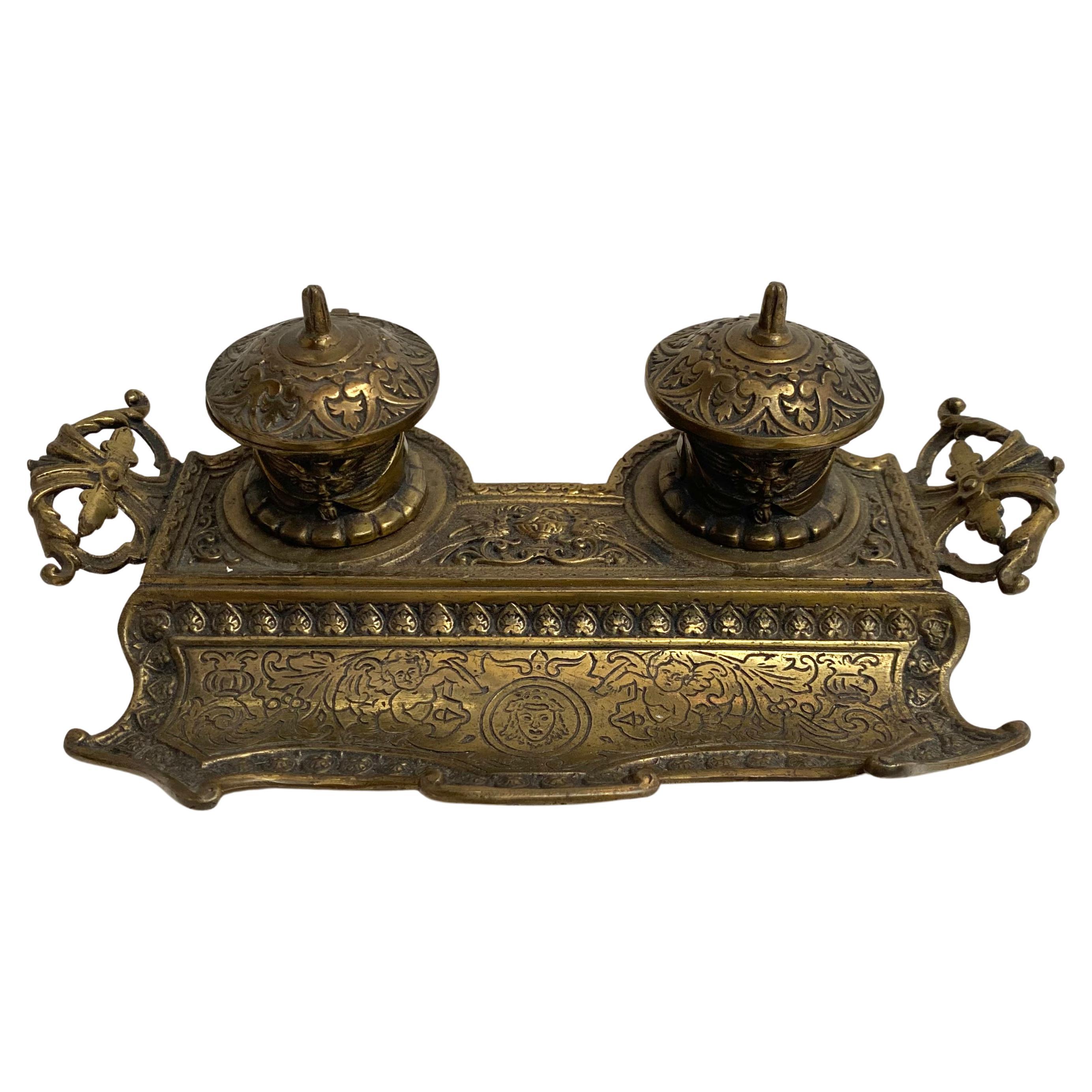 Unique Antique Cast Brass Double Inkwell from France, Early 1900s