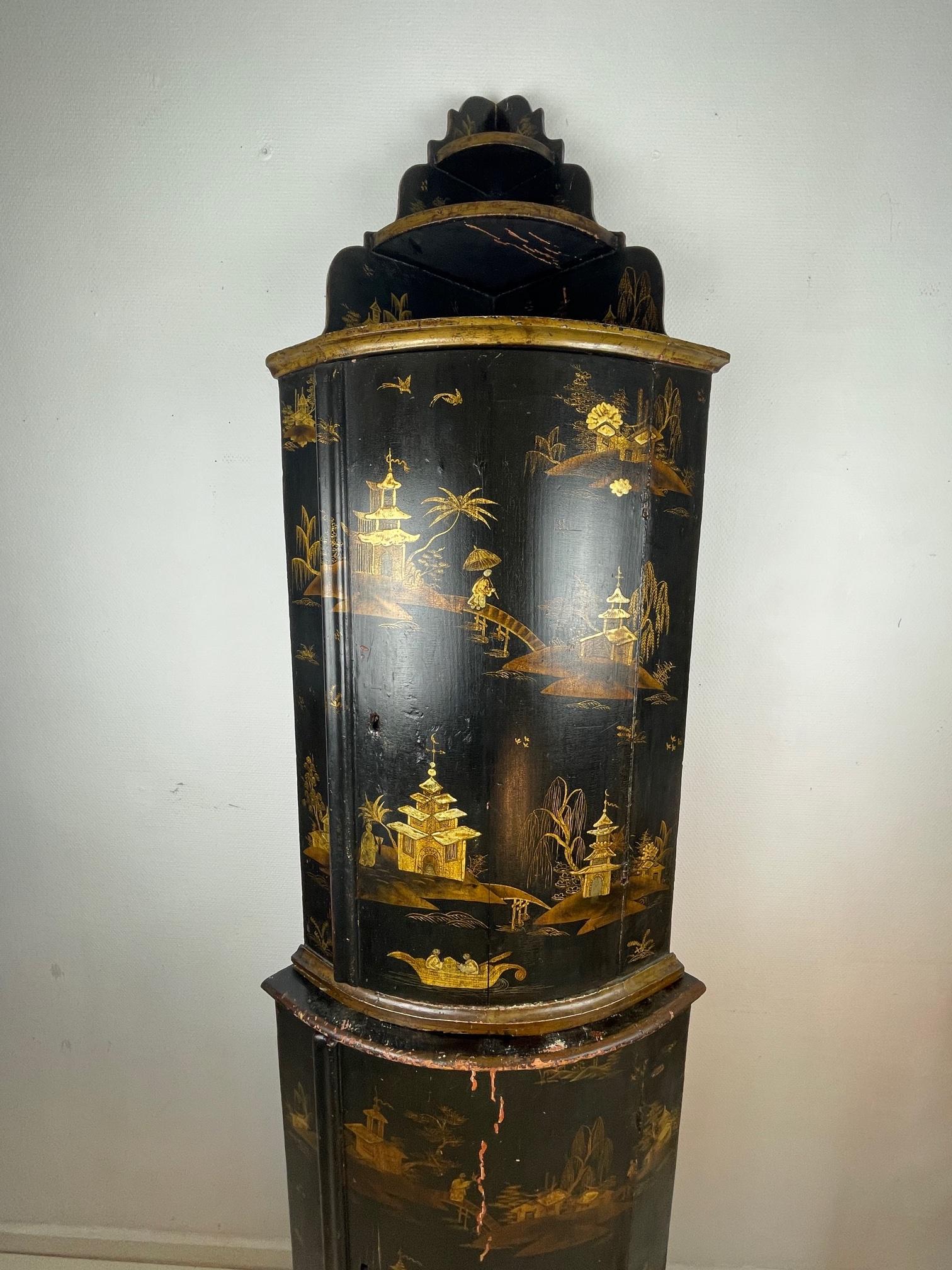 What a beautiful item! This corner cabinet is at least 130 years old. But most probably much older. This black lacquer corner cabinet is rare. It is a must have for everybody who loves Asian Antiques. It is used, it has signs of usage, but it is