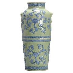 Unique Antique Edo / Meiji Period Vase Green and Blue Japan 1830 Relief Hirado