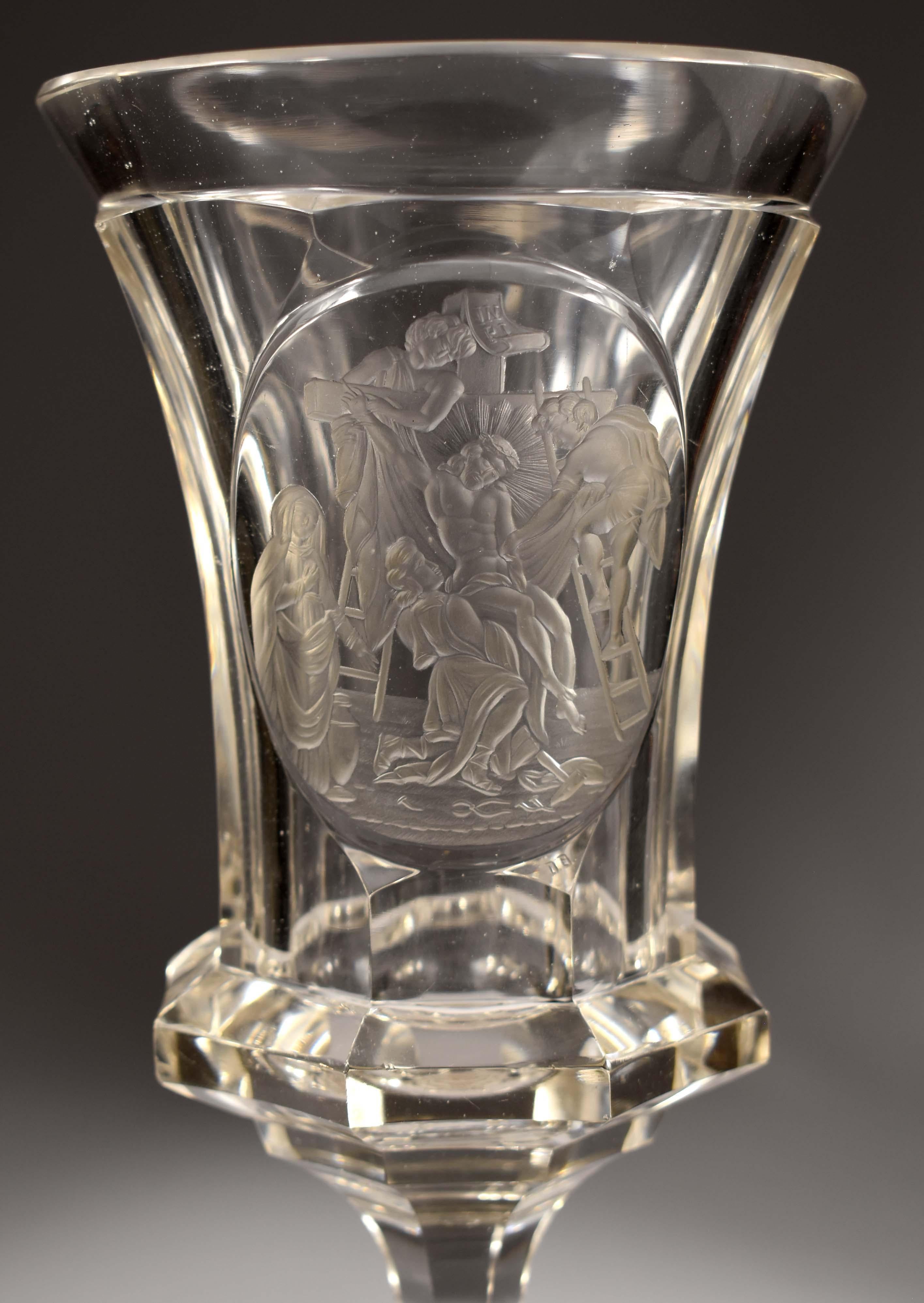Czech Unique Antique Engraved Goblet -The Descent from the Cross -19th Century For Sale