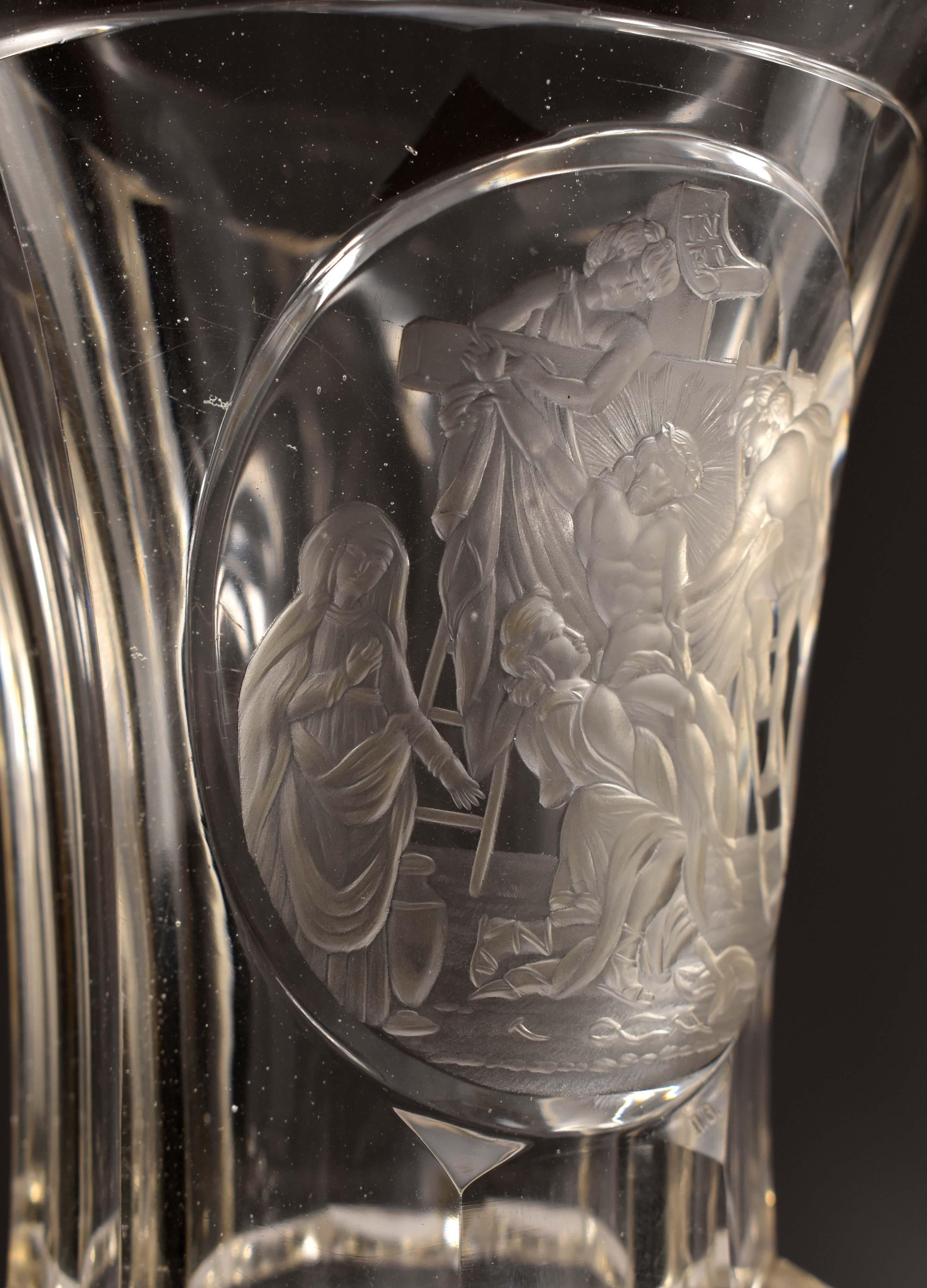 Glass Unique Antique Engraved Goblet -The Descent from the Cross -19th Century For Sale
